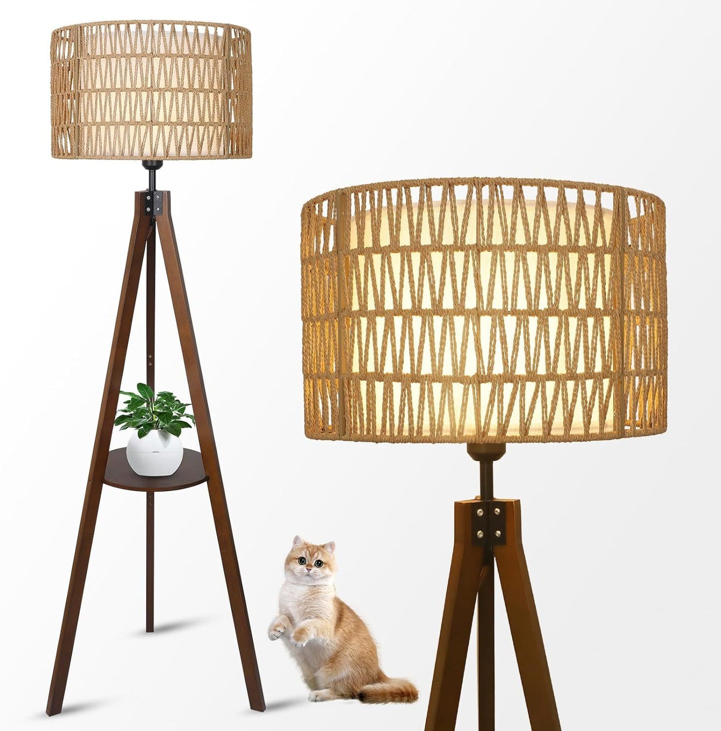 Boho Tripod Floor Lamp with Shelves - Mid Century Wood Standing Lamp with Rattan & Fabric Shades for Living Room