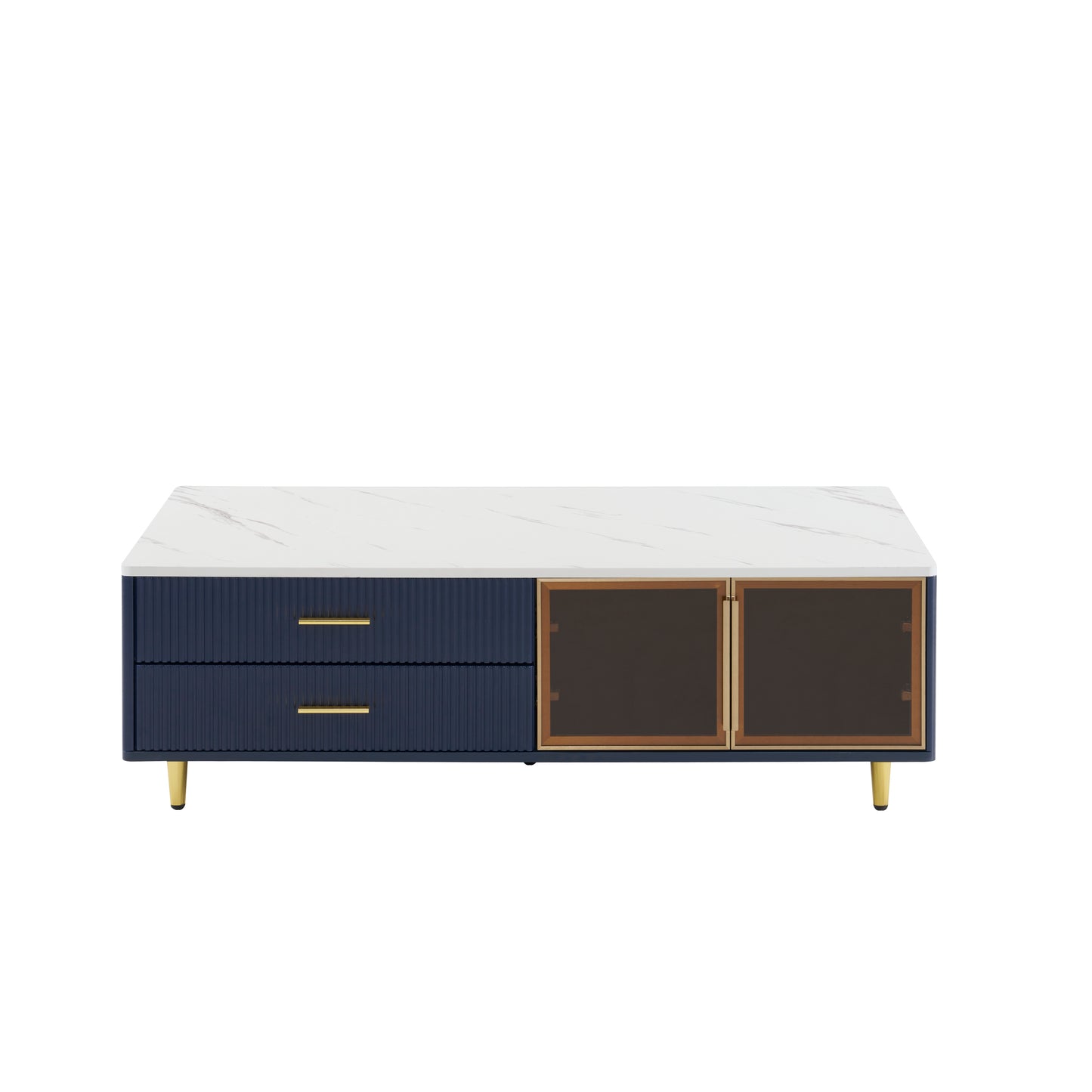 Modern Navy Blue Coffee Table with 2 Glass Door Storage, 4 Drawers, Gold Metal Legs, and Multi-Color Lighting in 47.2''