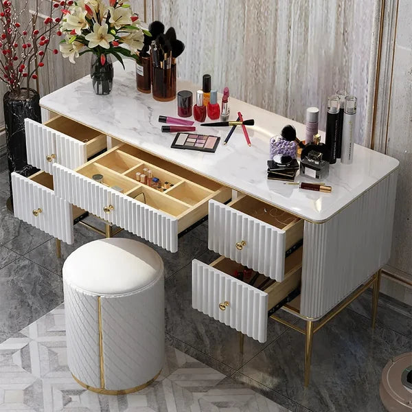 White Makeup Vanity Table Marble Dressing Table with Drawers Gold Stainless Steel