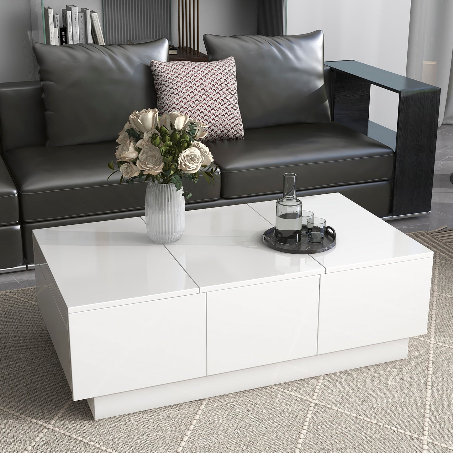 [VIDÉO fournie] Table basse ON-TREND avec 2 grands compartiments de rangement cachés, table de cocktail extensible avec 2 tiroirs, table centrale brillante avec plateau coulissant pour le salon, 39,3" x 21,6", blanc