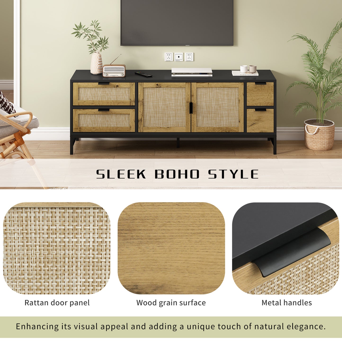 ON-TREND Meuble TV élégant en rotin pour téléviseurs jusqu'à 65", console multimédia de style bohème avec étagères réglables, table console TV élégante avec surface grain de bois pour le salon, gris acier