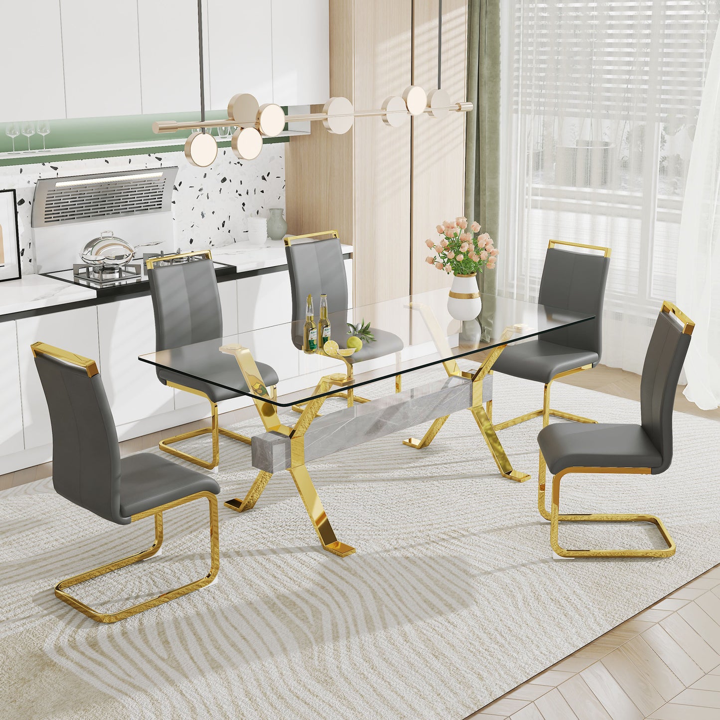 Dining table. Modern tempered glass dining table. Large modern office desk with gold plated metal legs and MDF crossbars, suitable for both home and office use. Kitchen. 79 ''x39''x30 '' 1105