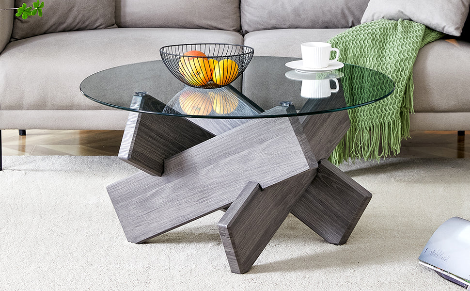 Contemporary Round Coffee Table with Tempered Glass Top - 33.4" Design, Suitable for Living and Dining Areas