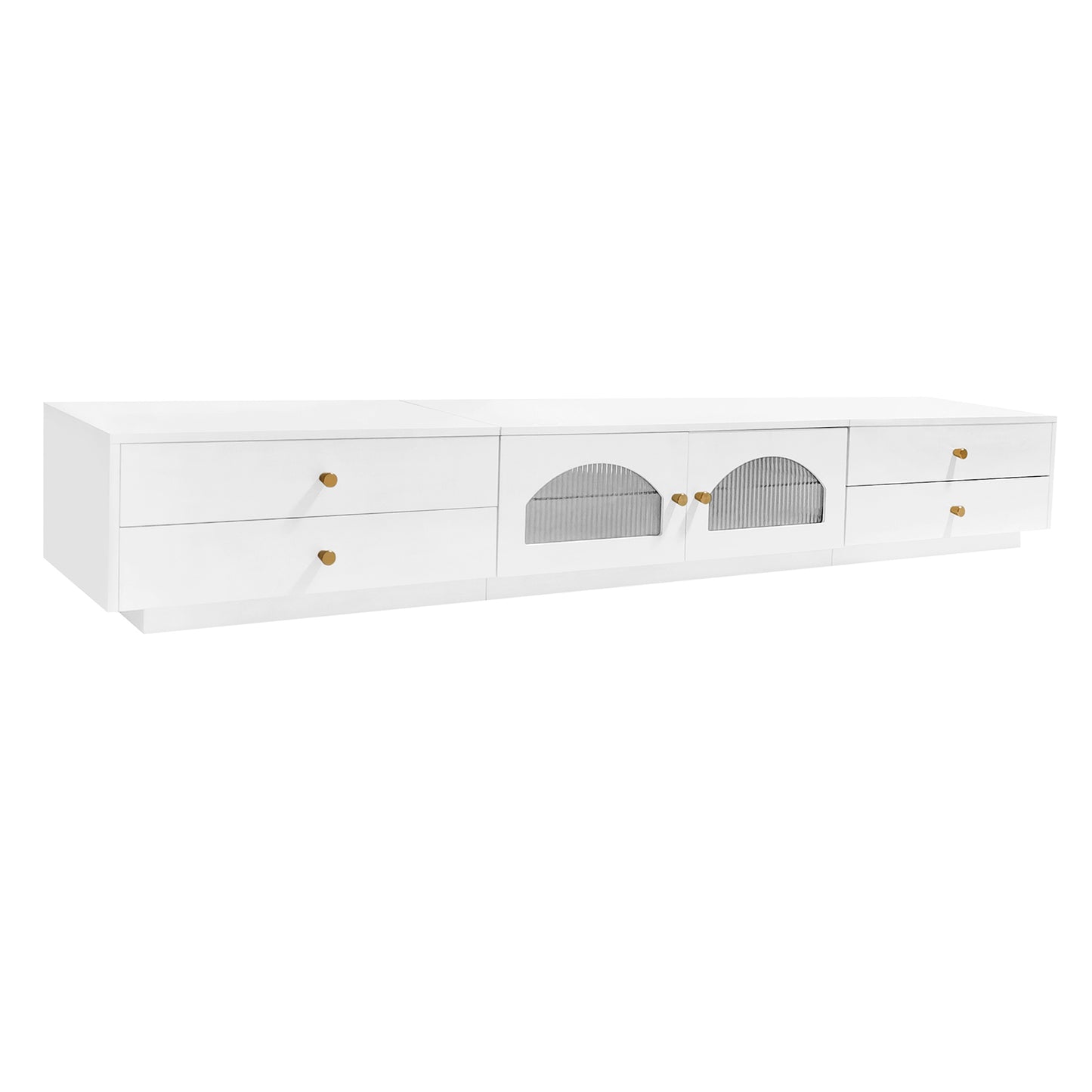 ON-TREND Meuble TV luxueux avec portes en verre cannelé, console multimédia élégante et fonctionnelle pour téléviseurs jusqu'à 95", meuble TV avec étagère en verre trempé avec plusieurs options de rangement, blanc