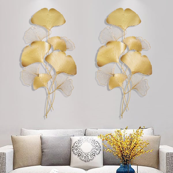 2 Pieces Modern Metal Ginkgo Leaves Wall Decor For Living Room Home Hanging Art in Gold