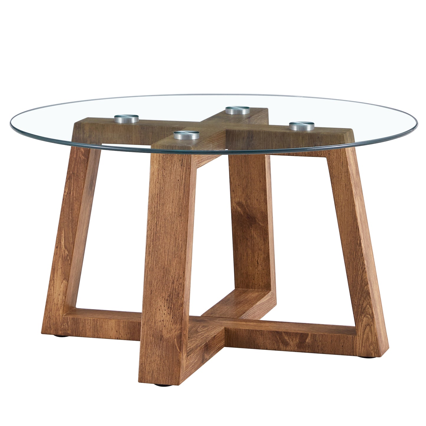 Modern practical circular coffee and tea tables. Made of transparent tempered glass tabletop and wood colored MDF material. Suitable for living rooms and bedrooms.31.5"*31.5"*17.7"