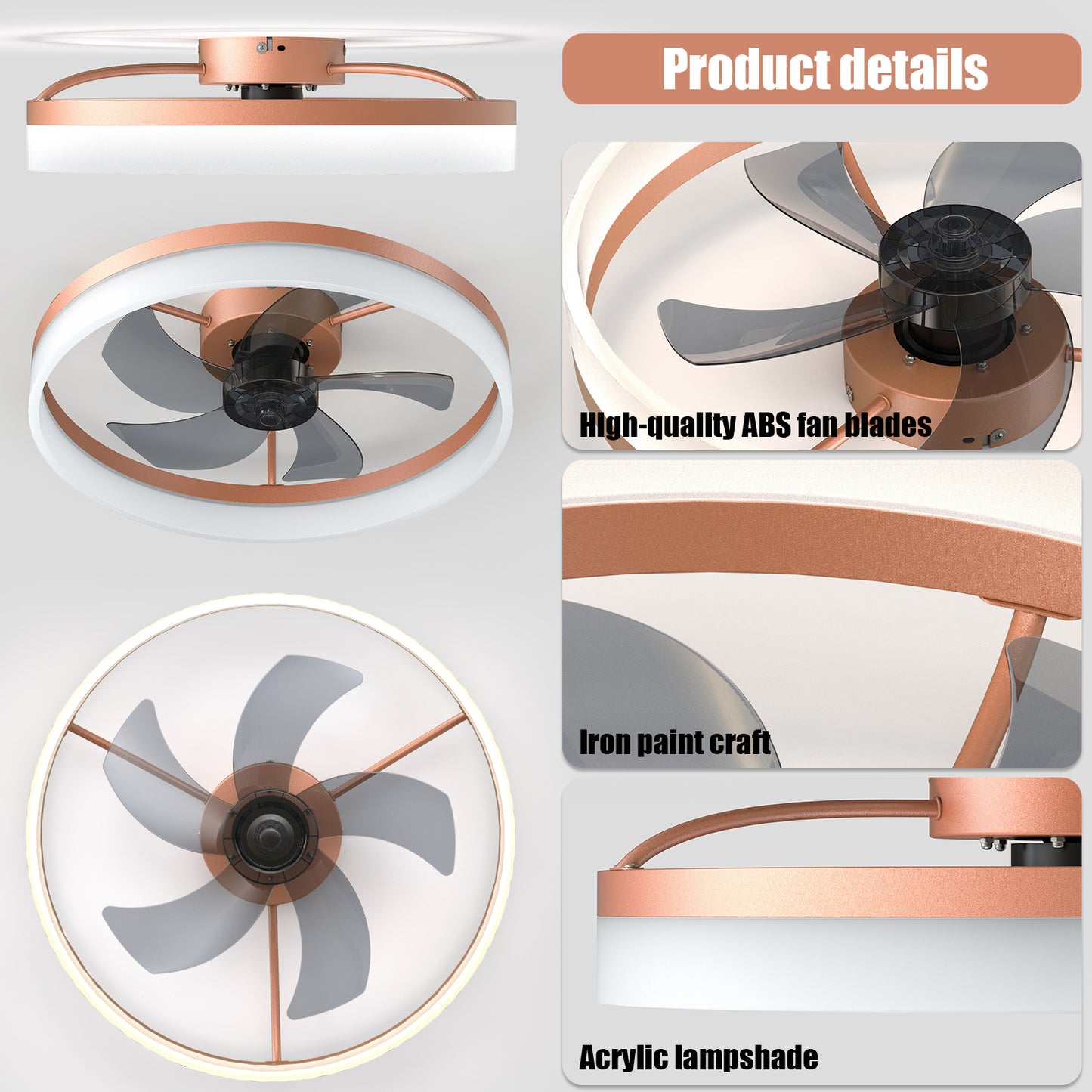 Sleek Rose Gold Ceiling Fan with Dimmable LED Lights - Embedded Installation for a Modern Look