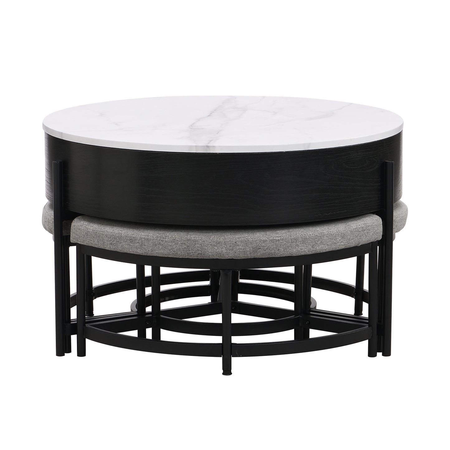 Modern Round Lift-Top Coffee Table with Storage & 3 Ottoman White & Black