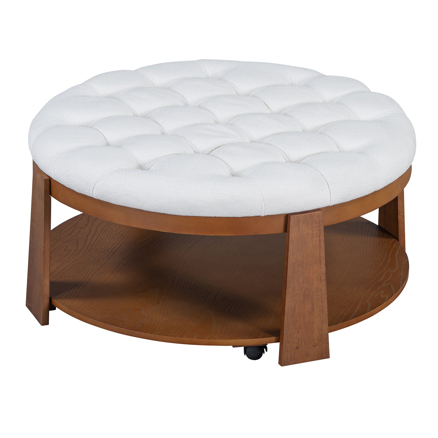 Modern Large Round Ottoman Coffee Table 2-Tier Oversized Button Tufted Ottoman with Wood Shelf Storage Upholstered Coffee Table for Living Room Footrest Ottoman with wheel, waterproof Linen