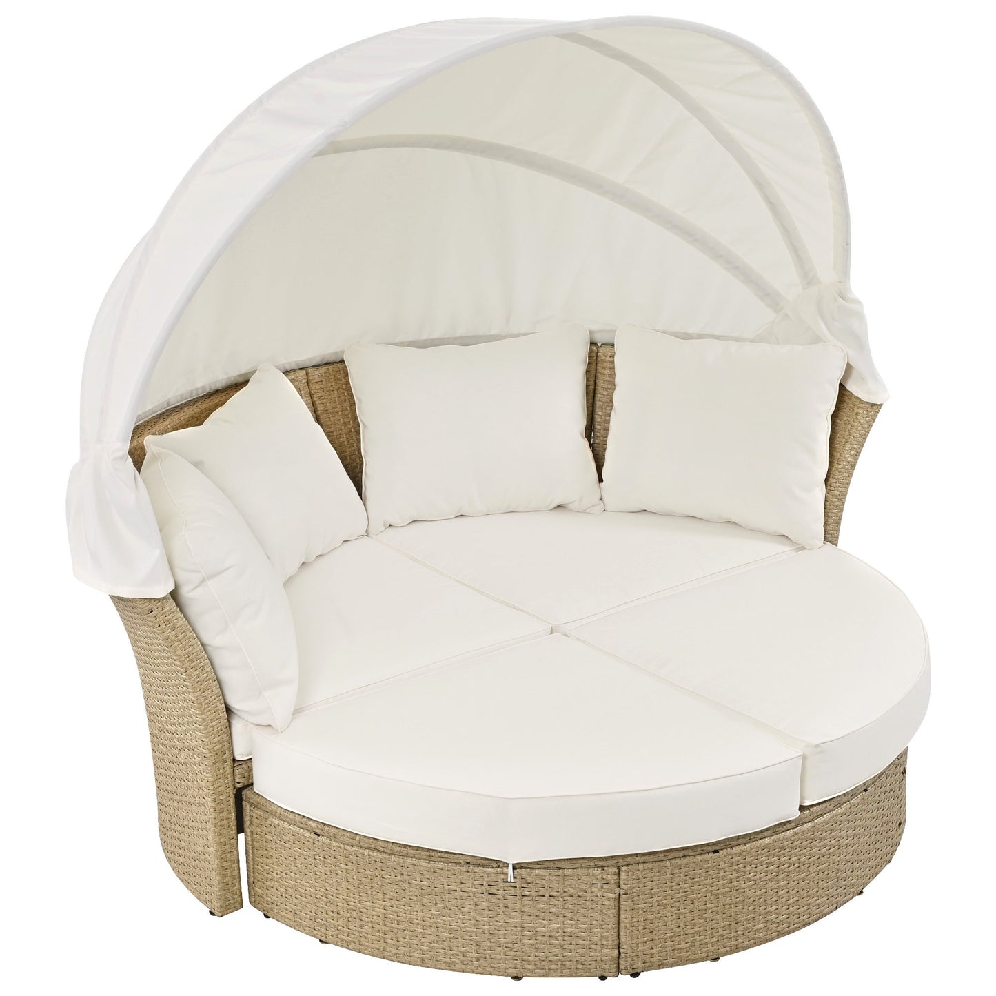 Outdoor Patio Daybed Wicker Rattan Double Daybed Round Sofa Furniture Set with Retractable Canopy, 4 Pillows for Lawn Garden Backyard Porch Pool, Beige