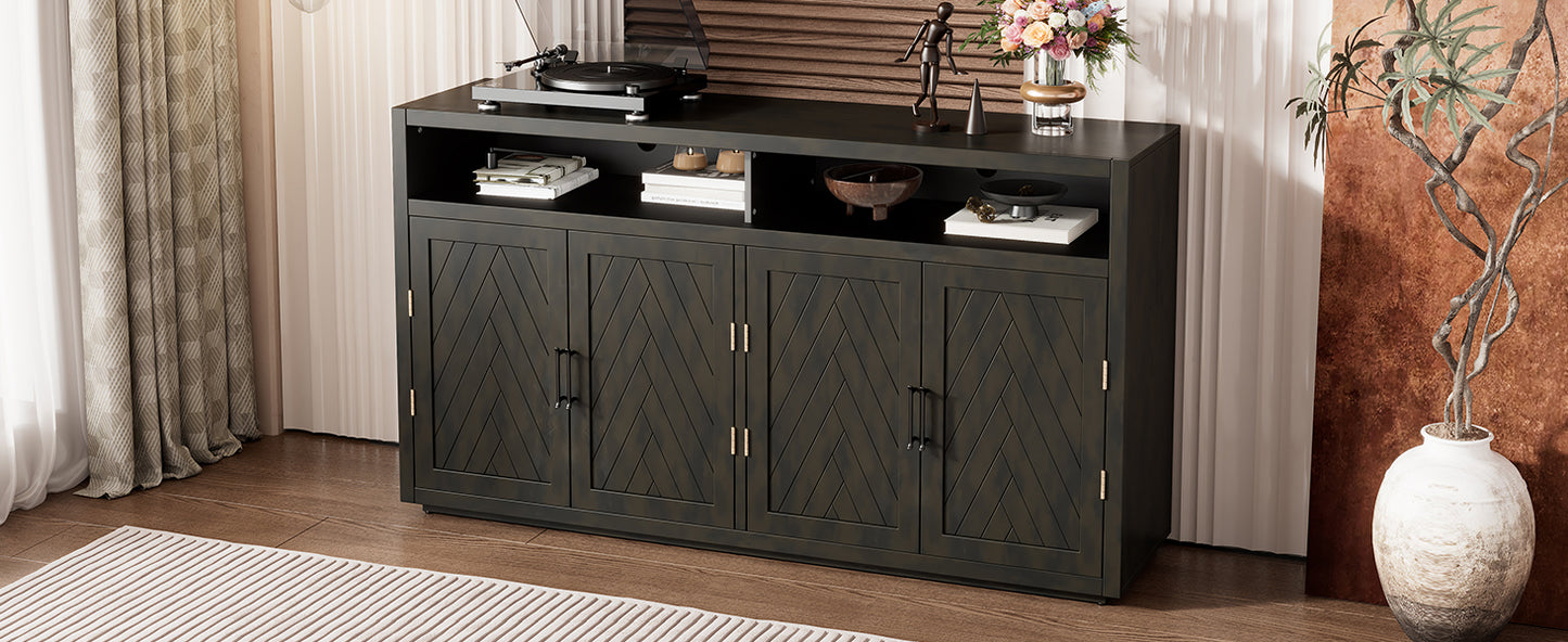 TREXM 4-door Classic Sideboard with Open Storage and Adjustable Shelves Perfect for kitchens,  living rooms (Grey Brown)