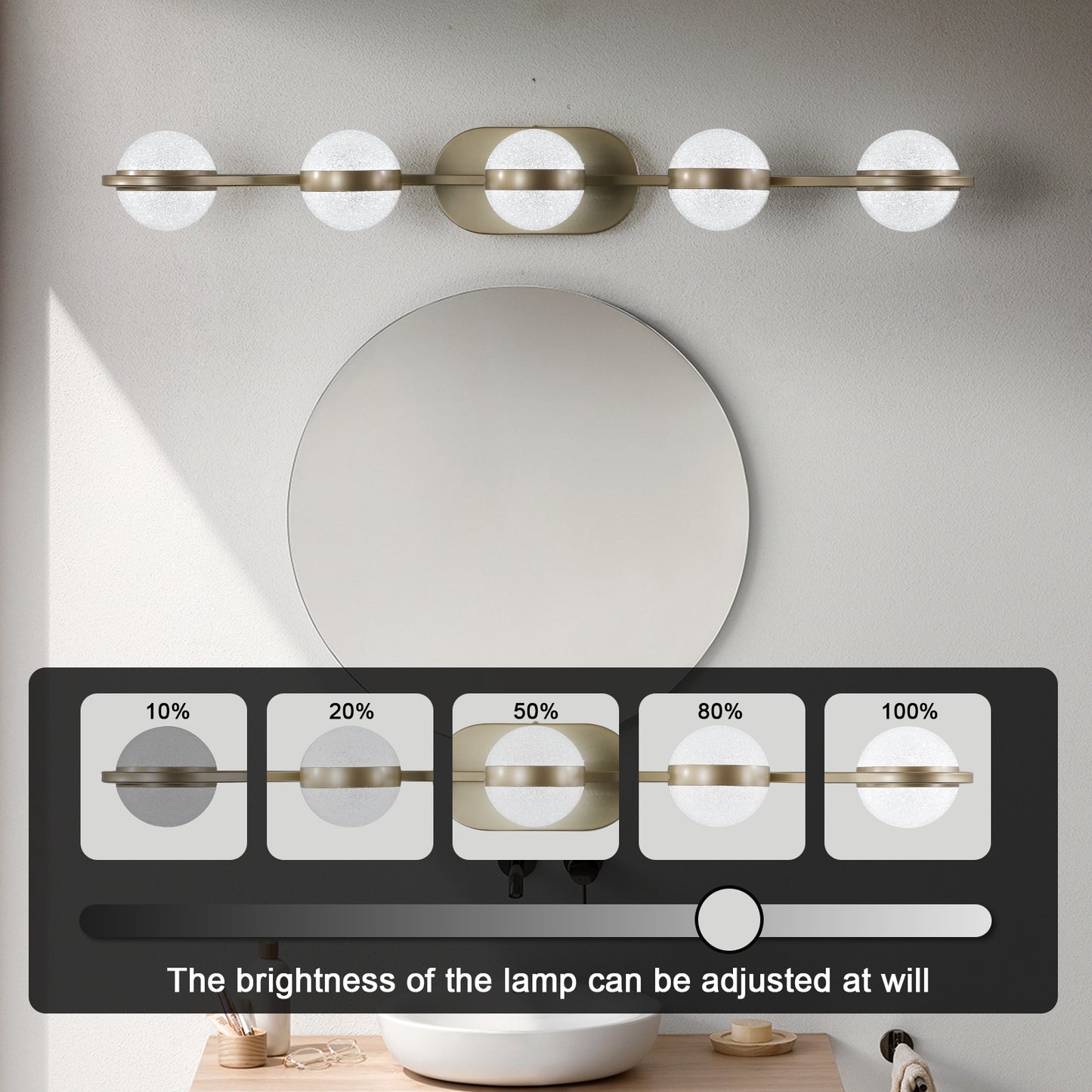 Champagne Gold Bathroom Vanity Light - 5-Bulb LED Wall Mounted Decorative Lighting with Frosted Glass Shades