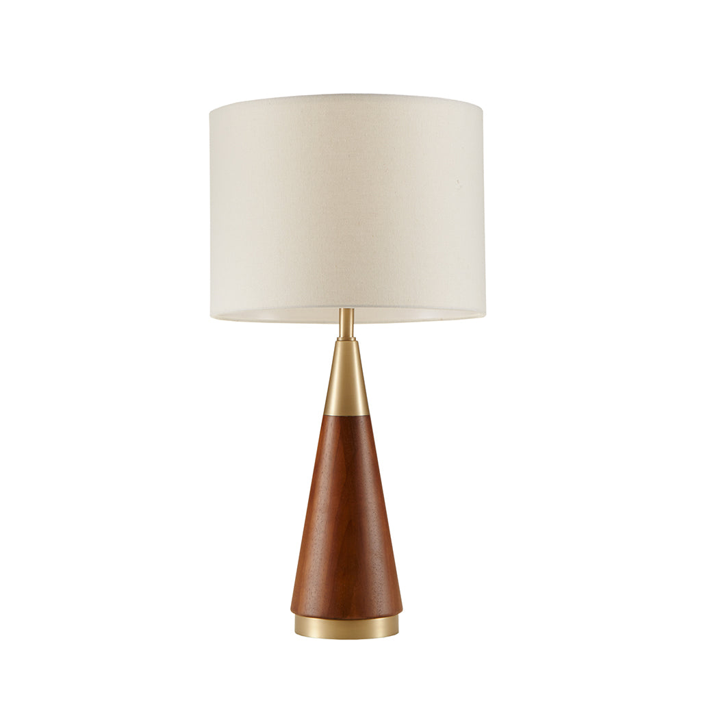 Mid-Century Table Lamp: Triangular Design with Espresso Wood Grain Finish and Metal Accents