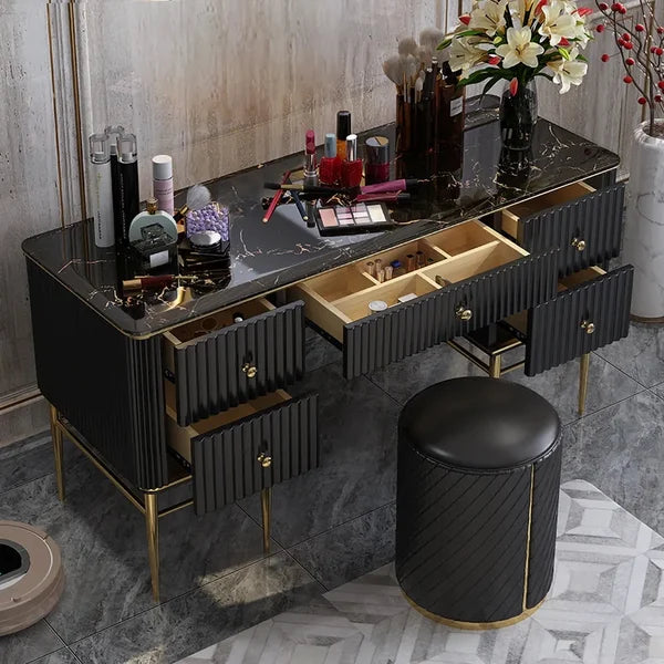 Black Makeup Vanity Table Marble Dressing Table with Drawers Gold Stainless Steel