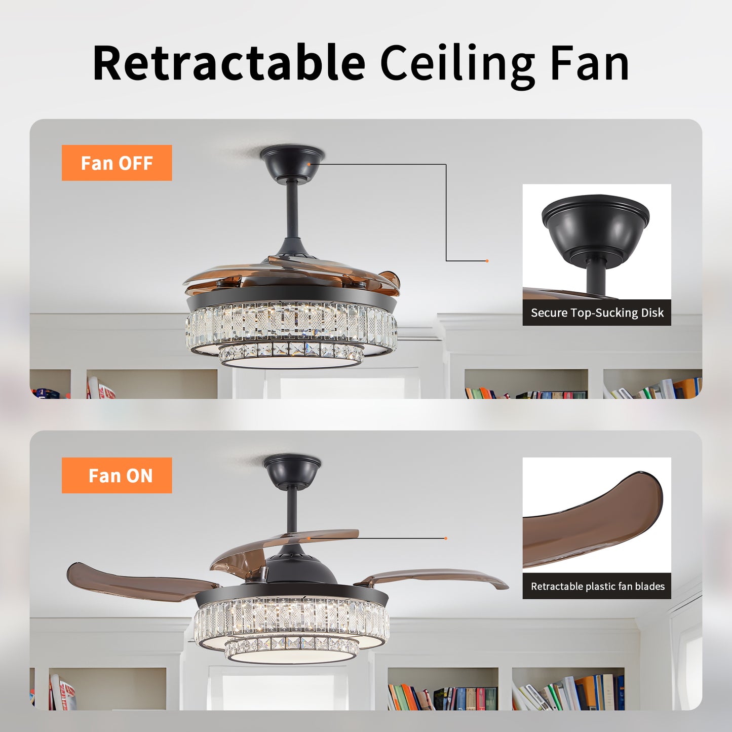 Stylish Retractable Ceiling Fan with LED Light - 4-Blade Design, Remote Control