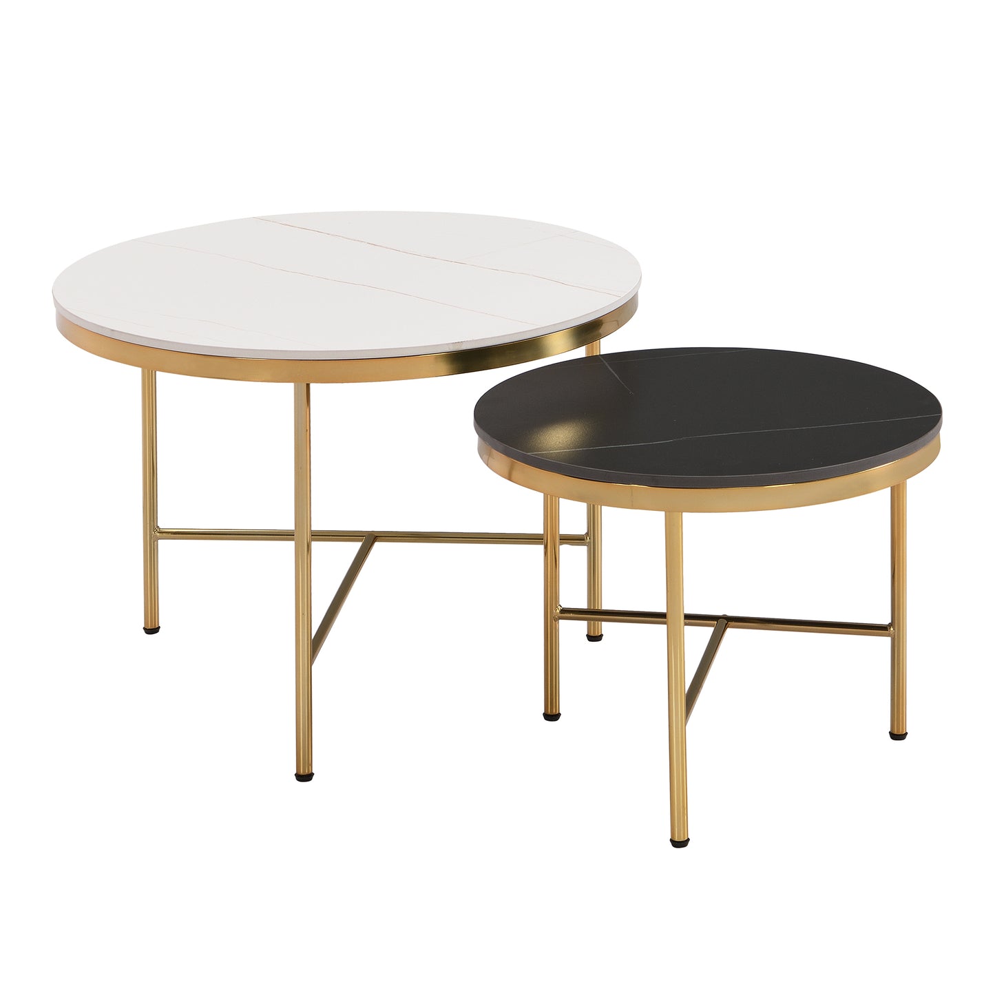 Modern Round Nesting Coffee Table Set 2-Piece Black & White Sintered Stone Top Gold Base in 23.6''&17.7''