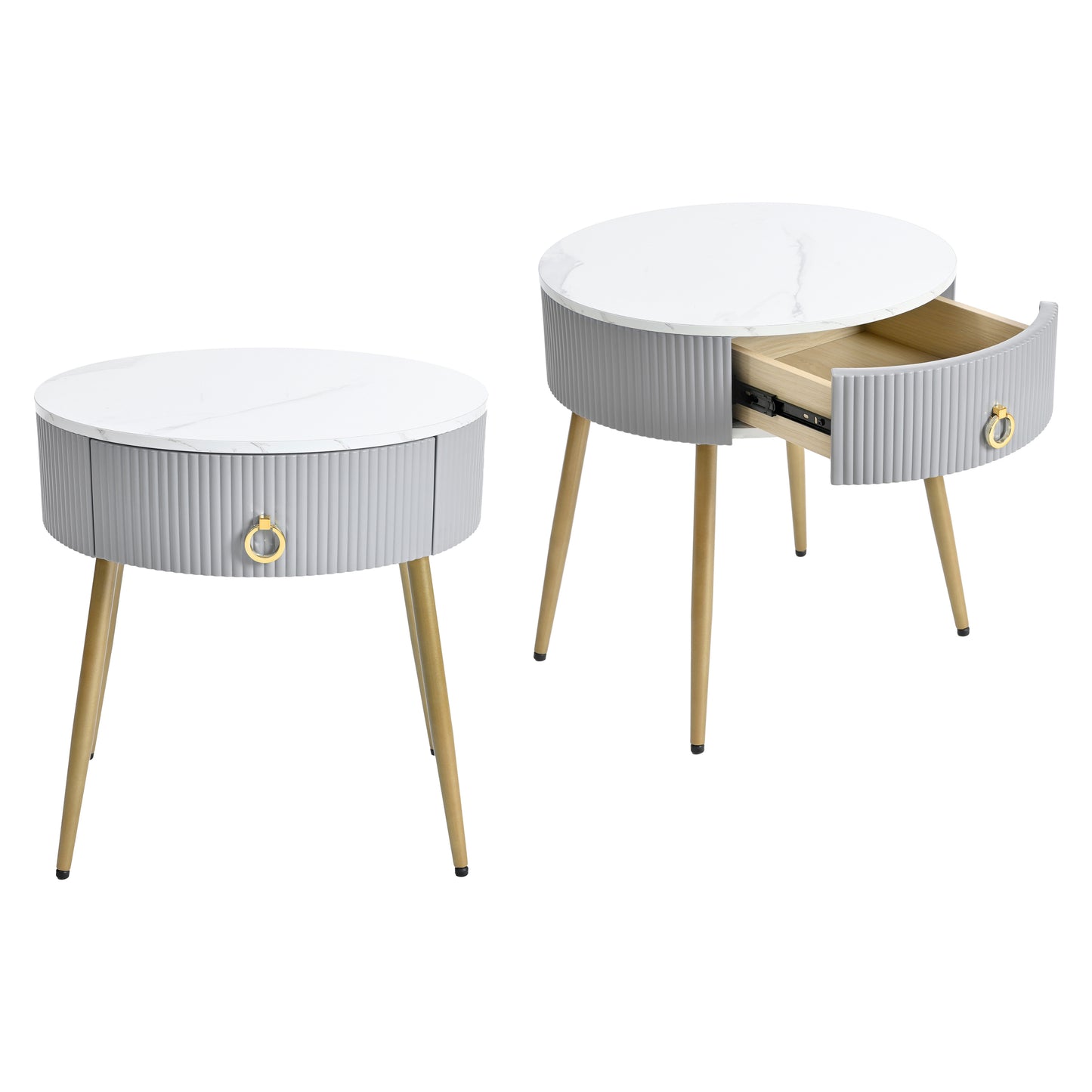 ON-TREND Φ19.6'' Easy Assembly End Tables with High Gloss Faux Marble Tabletops, Set of 2, Modern Fluted 2 Side Tables with Drawers, Round Coffee Tables with Golden Legs for Living Room, Grey