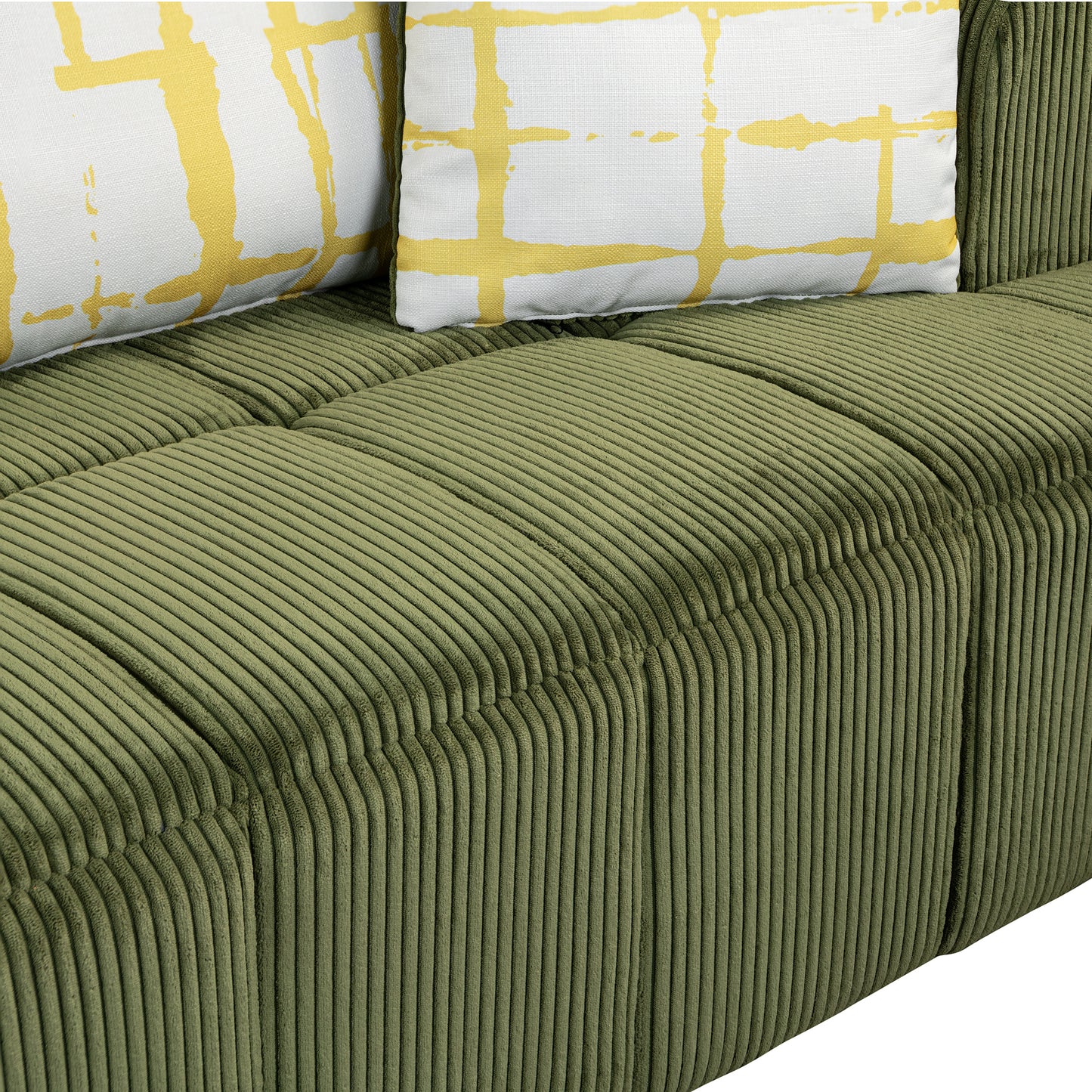 103.9" Modern Couch Corduroy Fabric Comfy Sofa with Rubber Wood Legs, 4 Pillows for Living Room, Bedroom, Office, Green