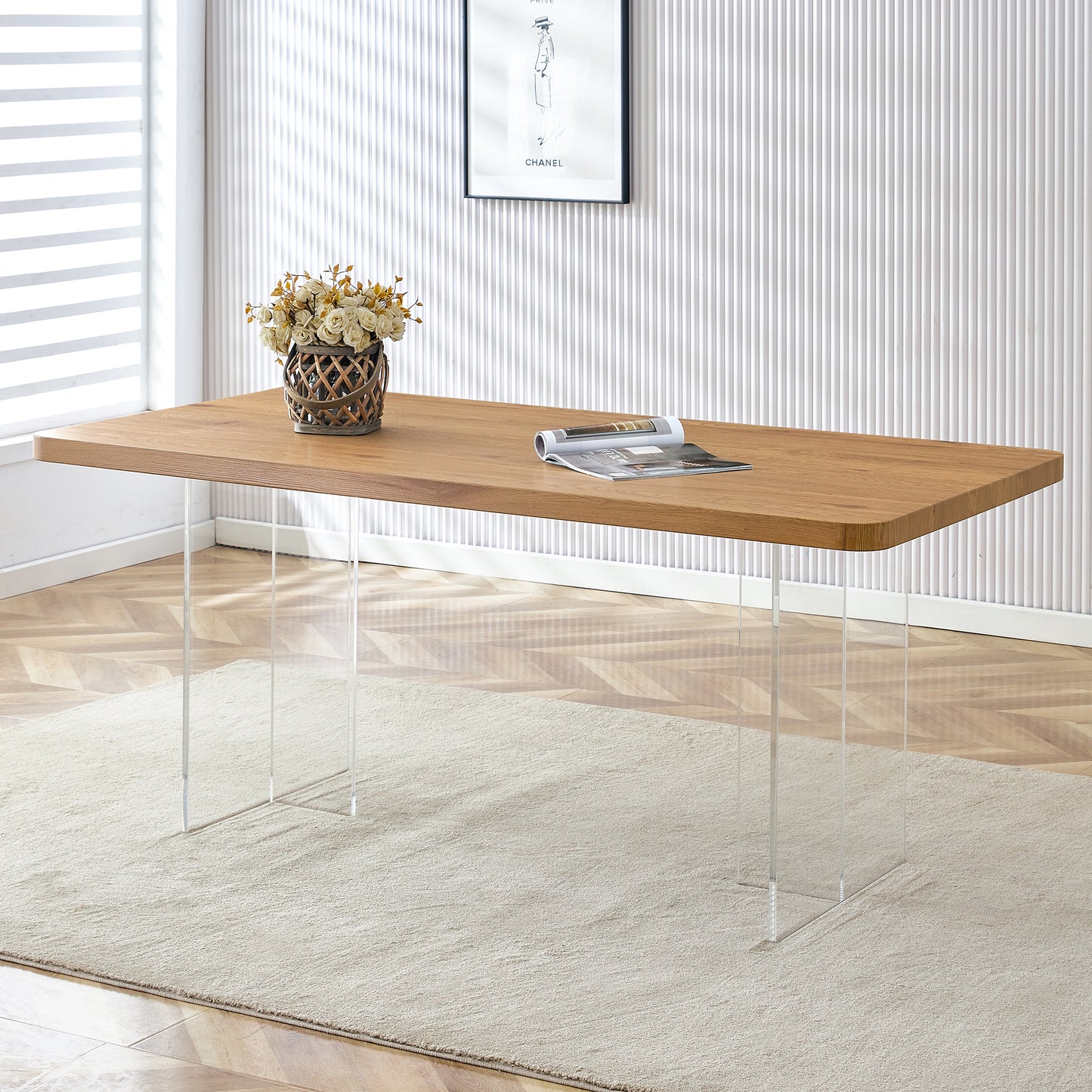 Elegant Minimalist Wooden Table with Acrylic Base - Ideal for Dining Rooms and Offices