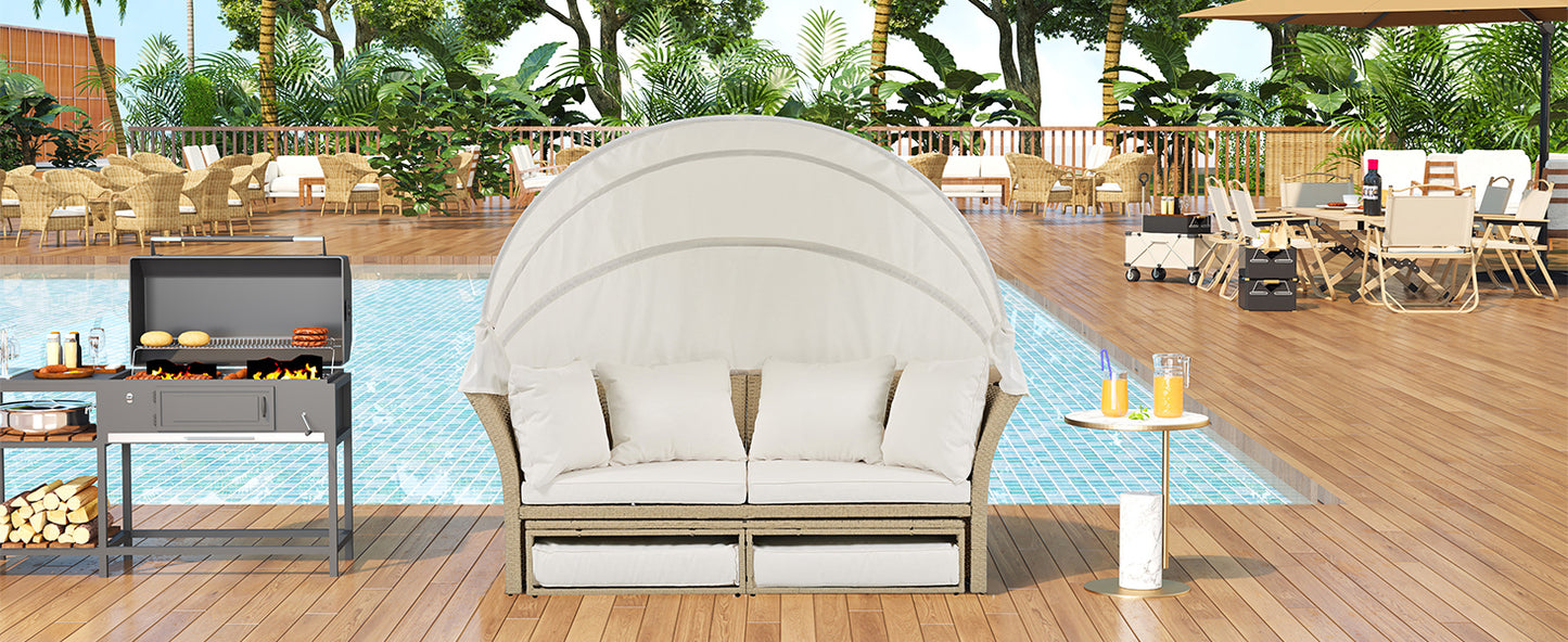 Outdoor Patio Daybed Wicker Rattan Double Daybed Round Sofa Furniture Set with Retractable Canopy, 4 Pillows for Lawn Garden Backyard Porch Pool, Beige