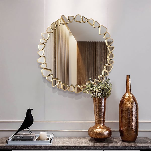 23.6" Modern Large Gold Round Pebble Wall Mirror Decor with Geometric Frame Living Room