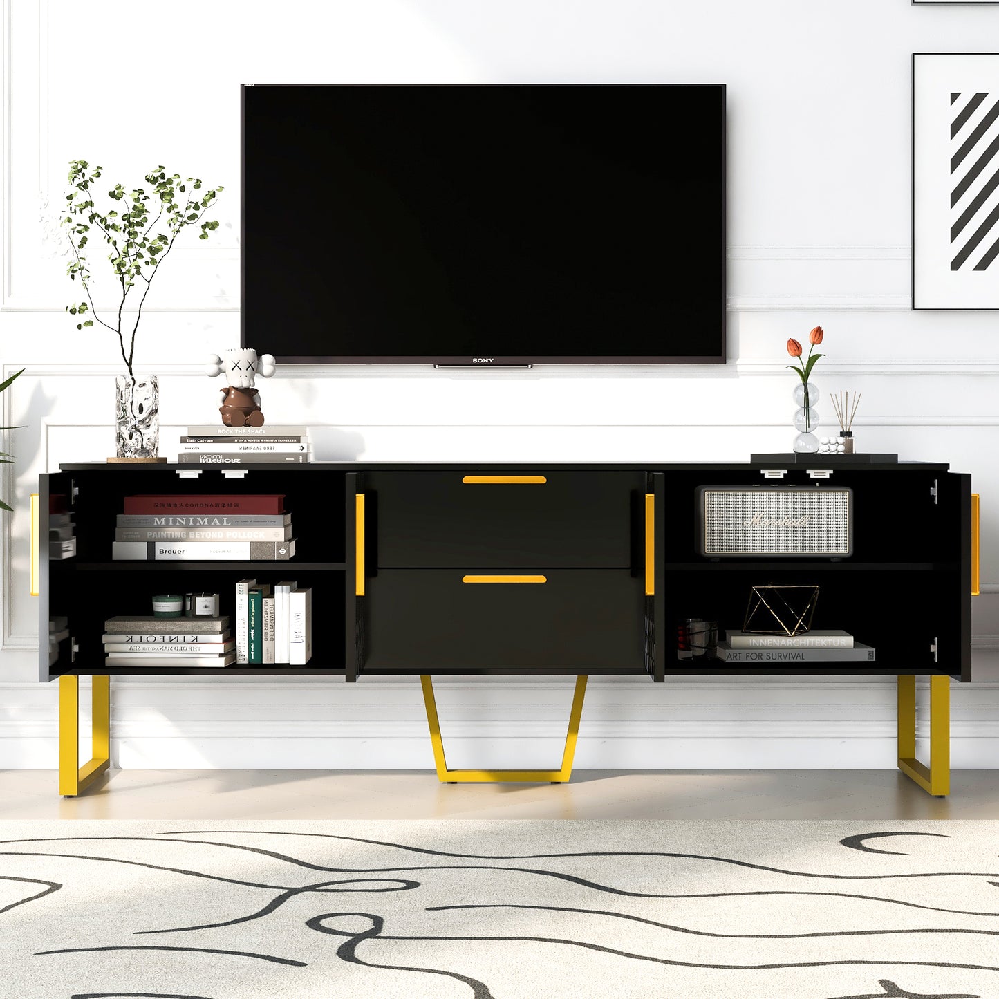 U-Can Modern TV Stand for TVs up to 75 Inches, Storage Cabinet with Drawers and Cabinets, Wood TV Console Table with Metal Legs and Handles for Living room, Black