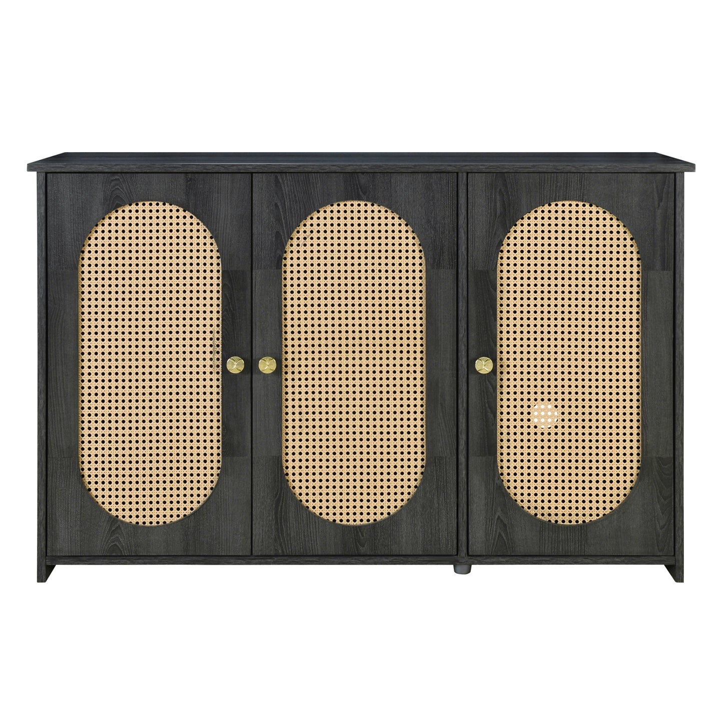 TREXM Retro 3-Door Sideboard with Large Storage Space Artificial Rattan Doors and Metal Handles, Accent Cabinet for Living Room and Hallway (Antique Black)