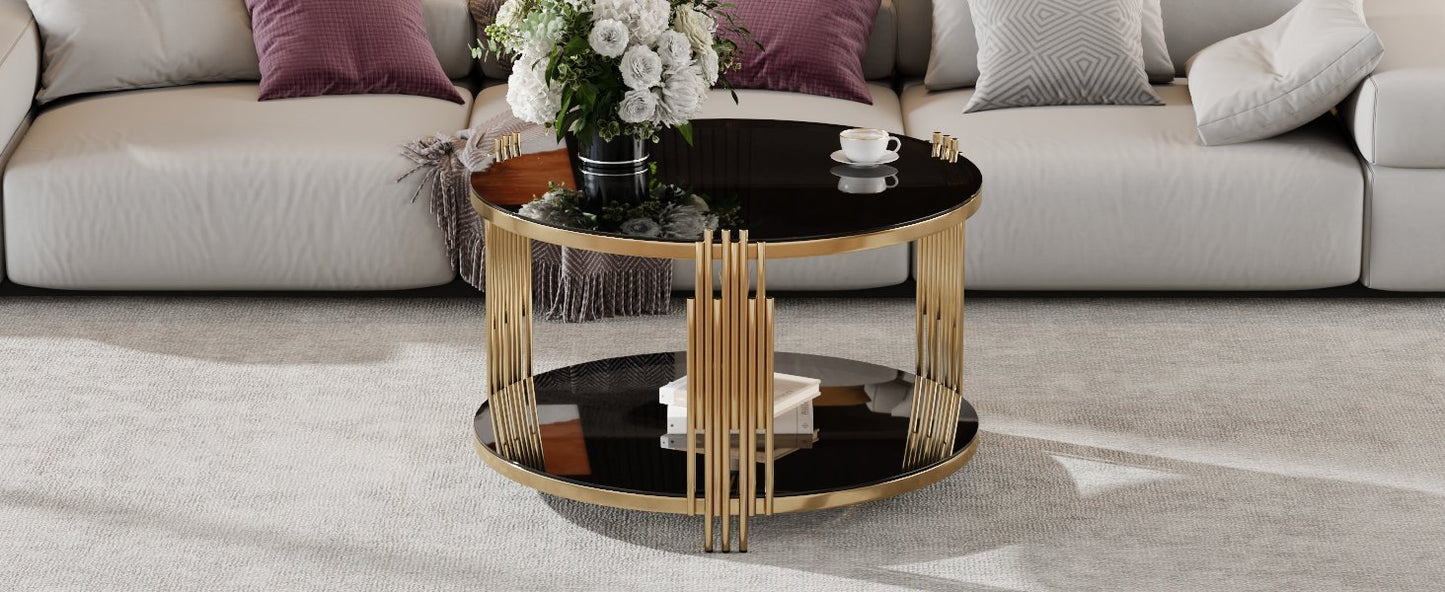 Modern Black Mirror Coffee Table, Asymmetrical Metal, Circular Metal Drum Base, Gold Finish & Lower Shelf