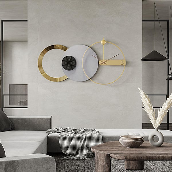 33" x 18" Large Round Gray & Gold Wall Clock with Wood Pointer Modern Home Decor Art