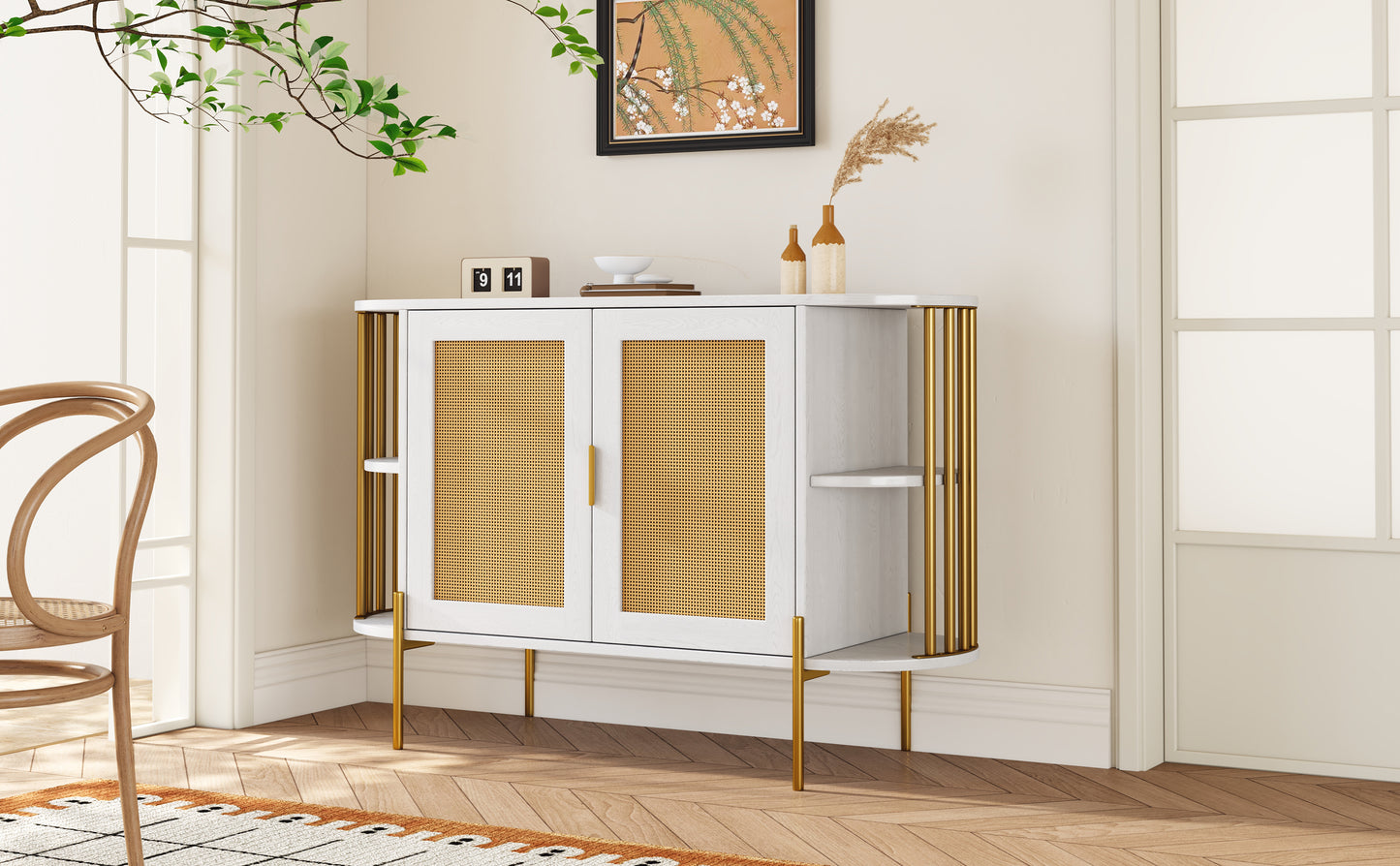 TREXM 2-Door Elegant Curved Dining Cabinet with Gold Trim and Woven Rattan Doors for Dining Room (White)