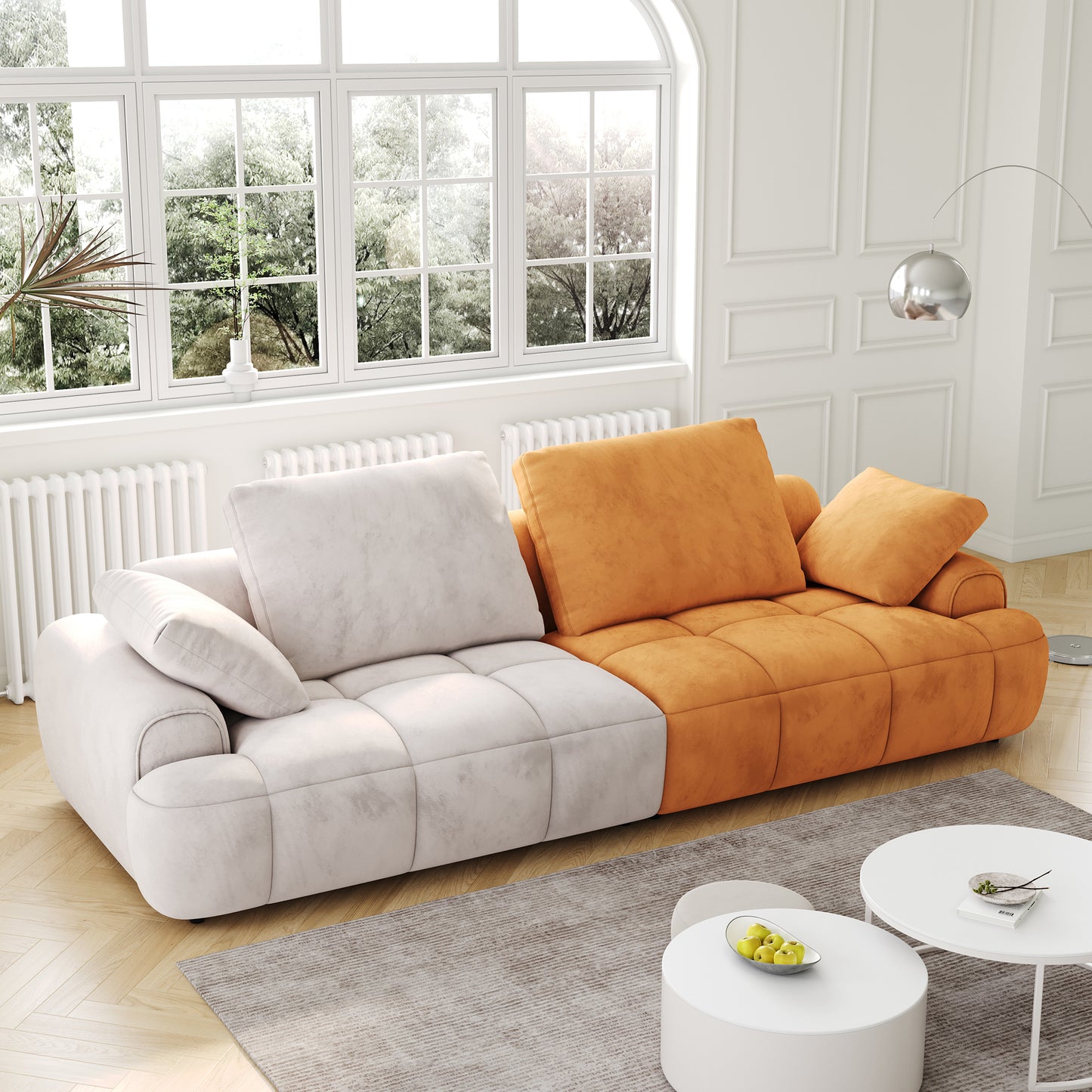 86.6″ Large size two Seat Sofa,Modern Upholstered,Beige paired with yellow suede fabric