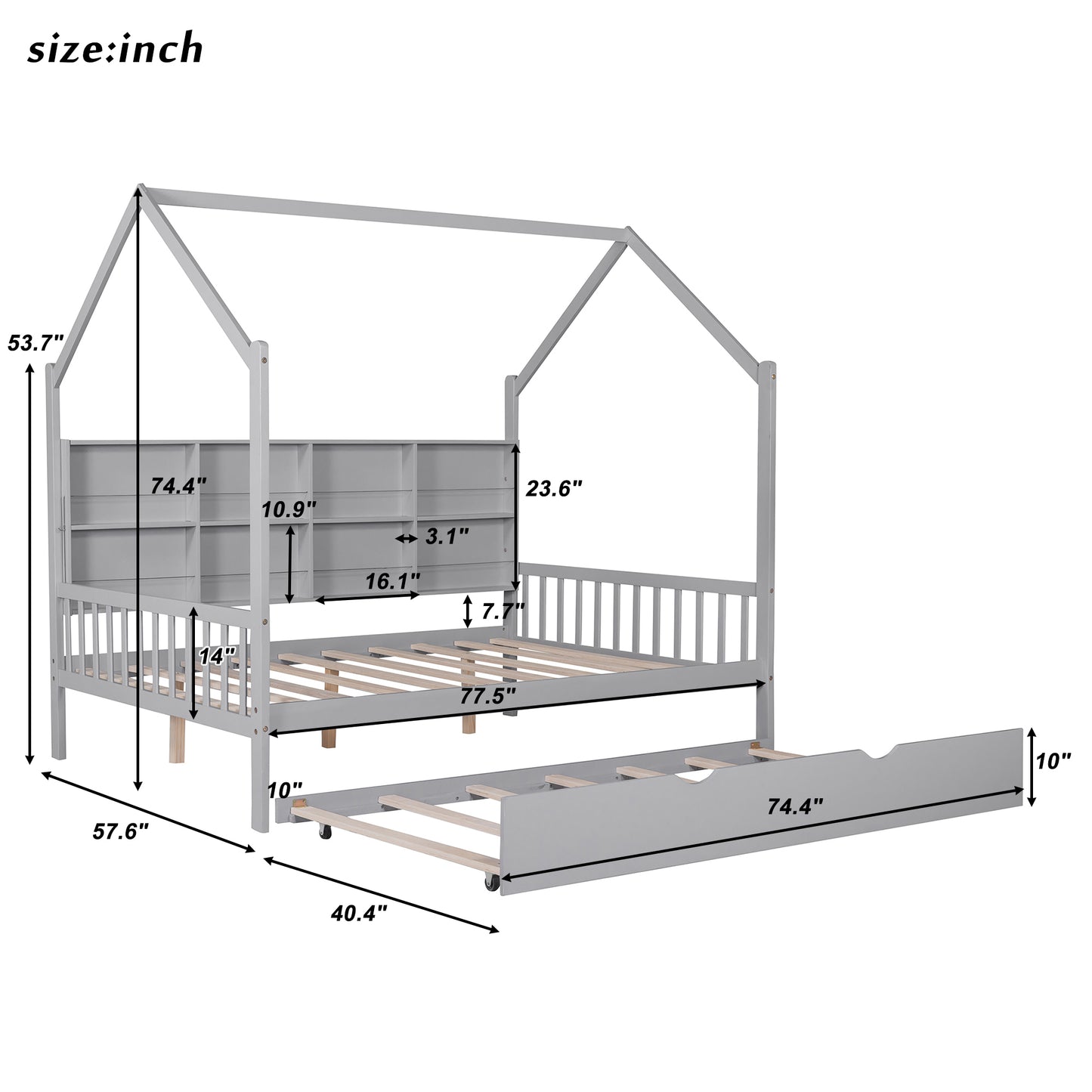 Lit maison pleine grandeur en bois avec lit gigogne, lit pour enfants avec étagère, gris