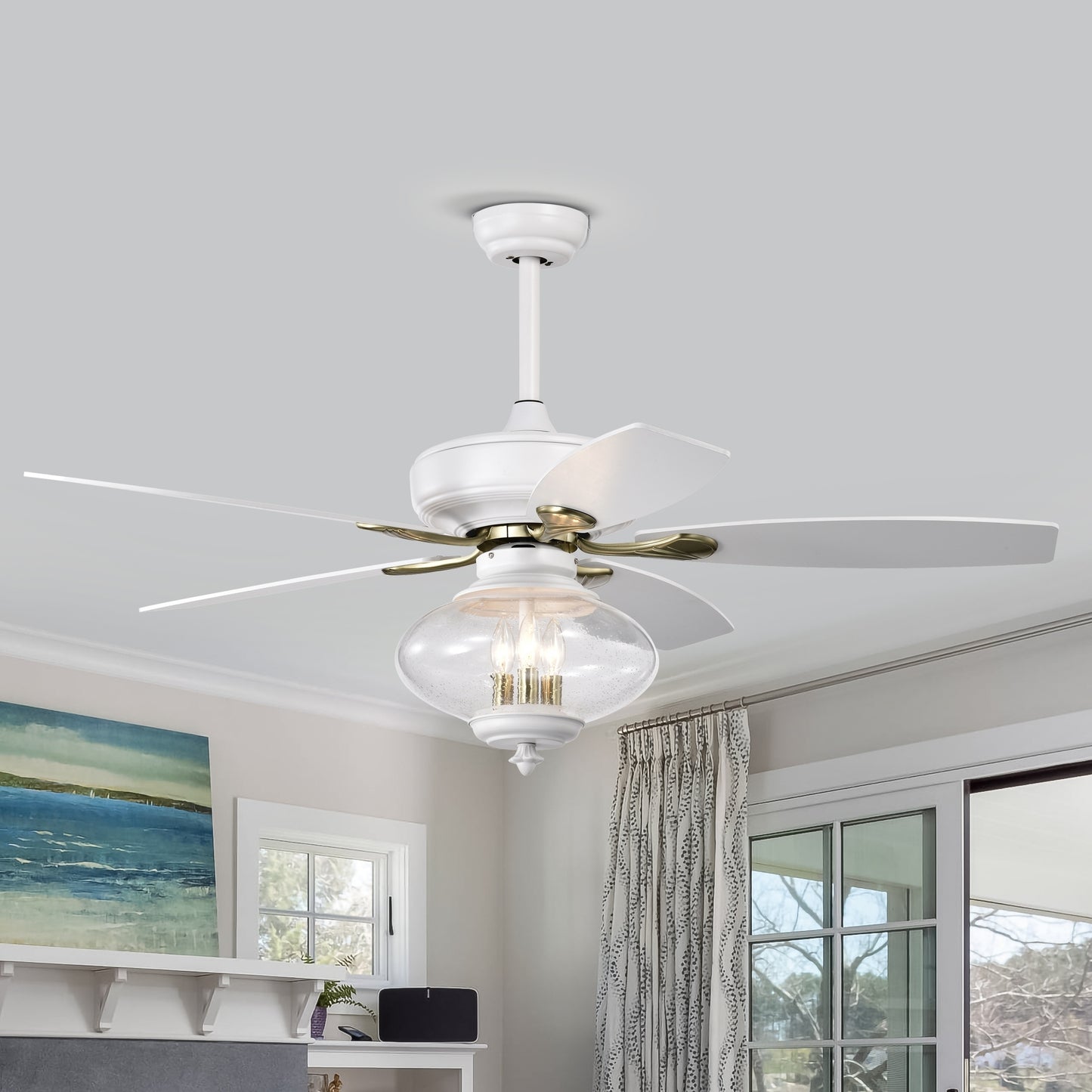 52" Low Profile Ceiling Fan in Matte White - Modern Design with Remote Control and Glass Shade