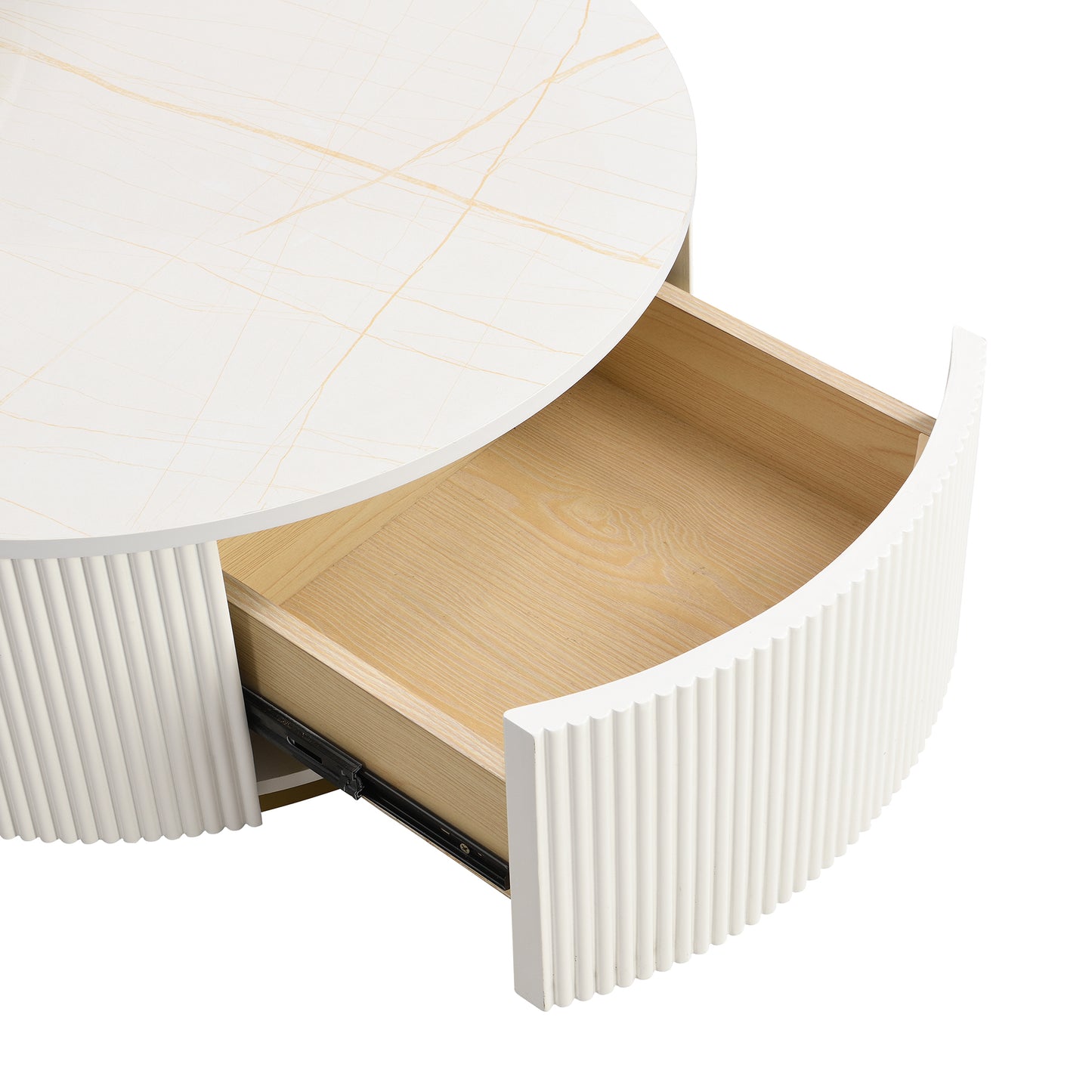 Modern Round Nesting Coffee Table Fluted with Drawer in White & Gold in 31.5''