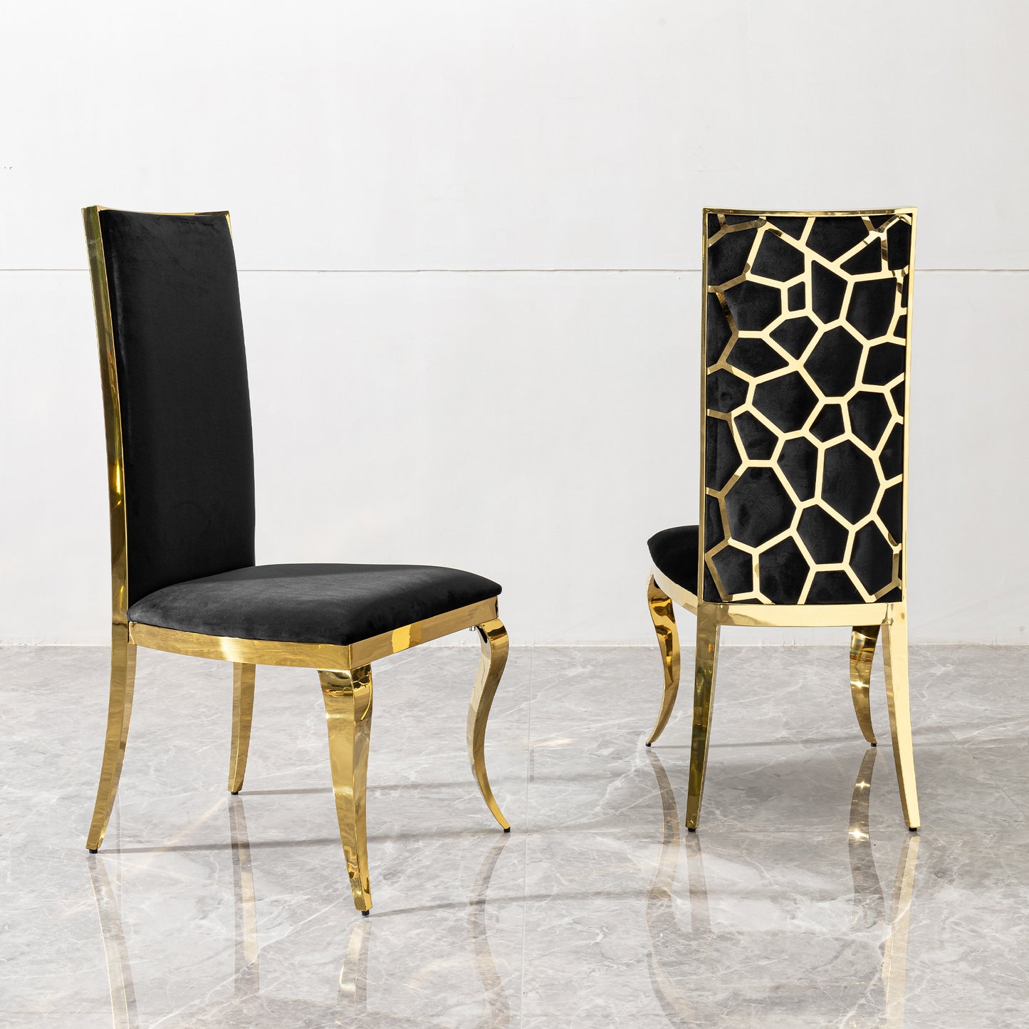 Dining chair black velvet with unique design backrest set of 2,mirror gold stainless steel legs