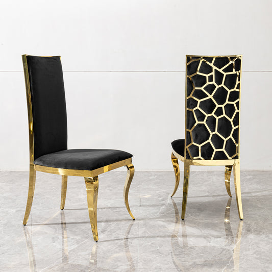 Dining chair black velvet with unique design backrest set of 2,mirror gold stainless steel legs