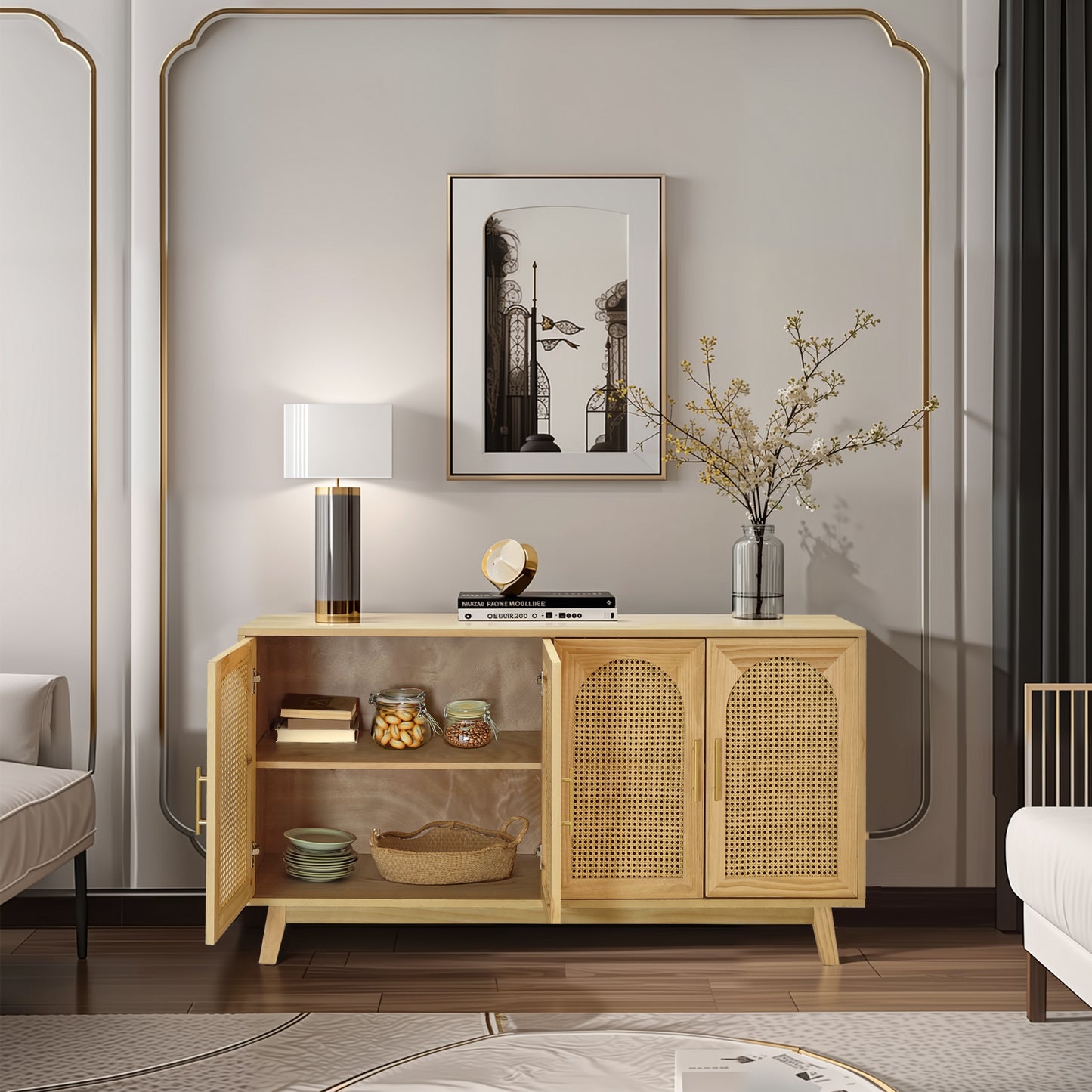 Armoire moderne à 4 portes de 59.84 pouces avec portes décoratives en rotin, pour chambre à coucher, salon, bureau, assemblage facile, naturel