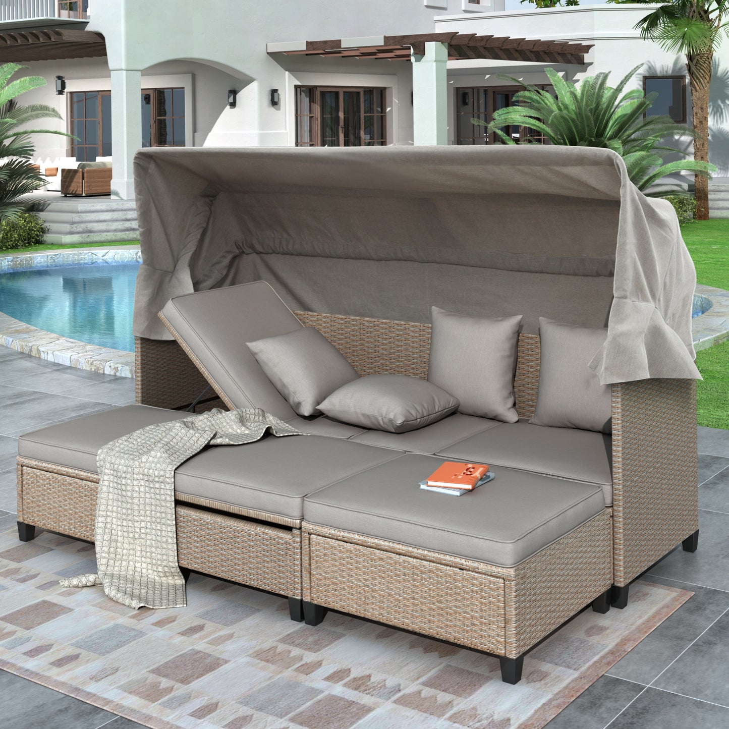 TOPMAX Ensemble de canapé de patio en osier en résine résistant aux UV 4 pièces avec auvent rétractable, coussins et table élévatrice, marron