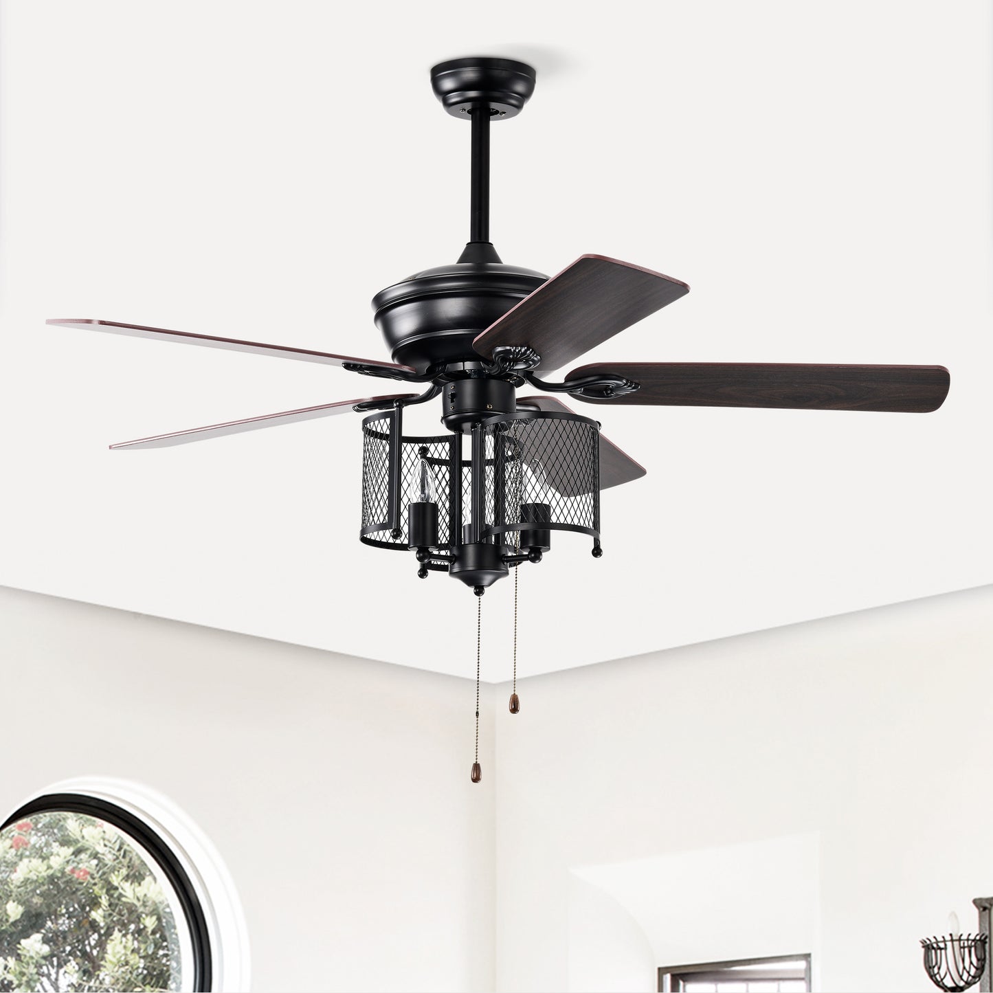 Farmhouse Ceiling Fan 52" with Dual Finish Blades - Matte Black, Hand Pull Chain for Indoor Use