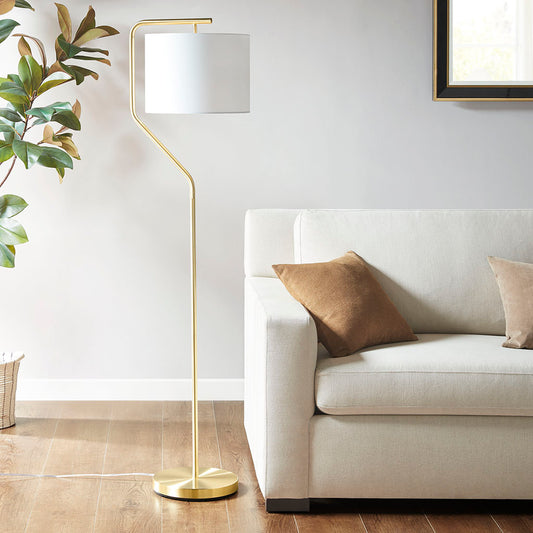 Angular Arched Metal Floor Lamp by Hampton Hill – Elegant Gold Finish and Linen Shade for Living Room Illumination