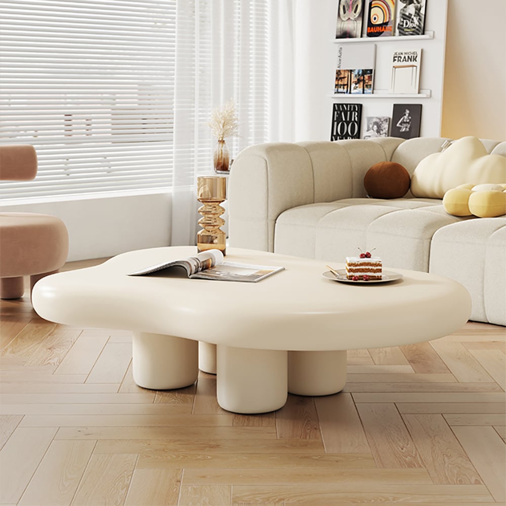 39 Inches Modern Matte Wood Abstract Coffee Table in Off White with 4 legs