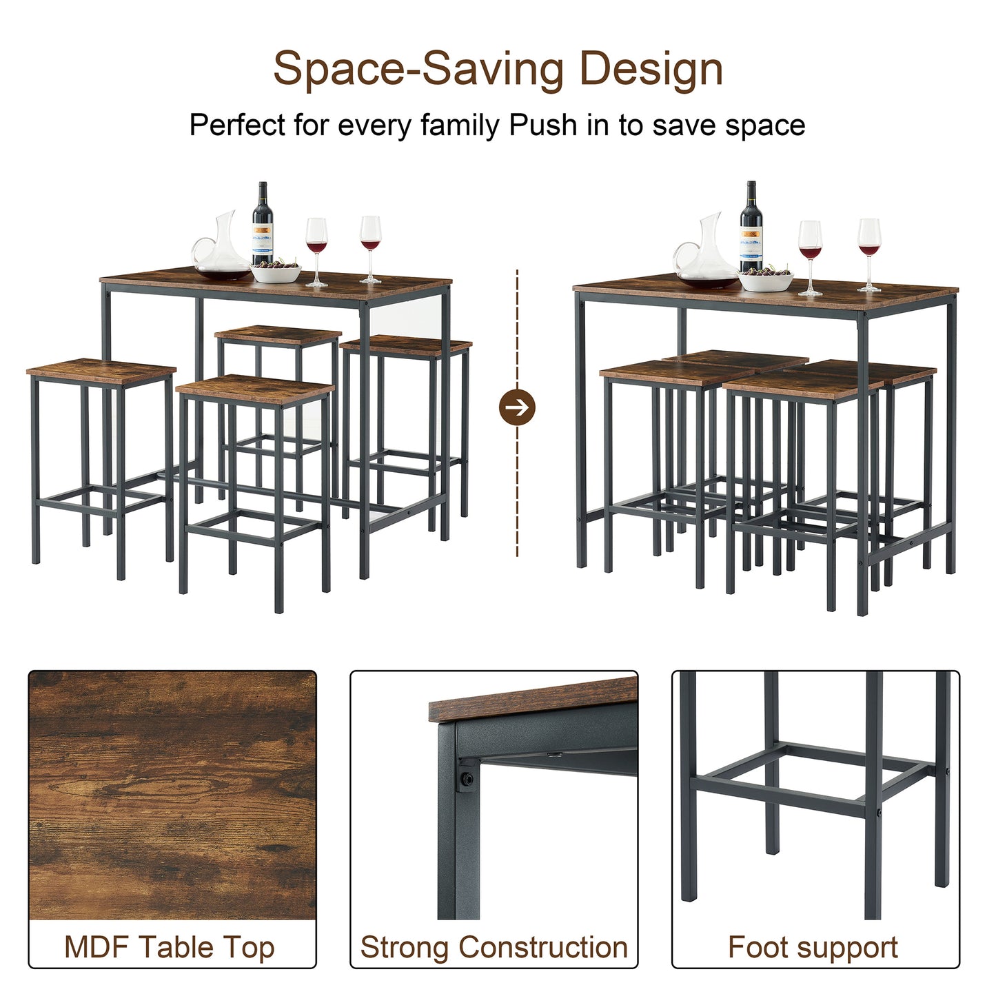 5PC Dinging table set with high stools, structural strengthening, industrial style. Rustic Brown,41.73"L x 23.62"W x 35.23"H