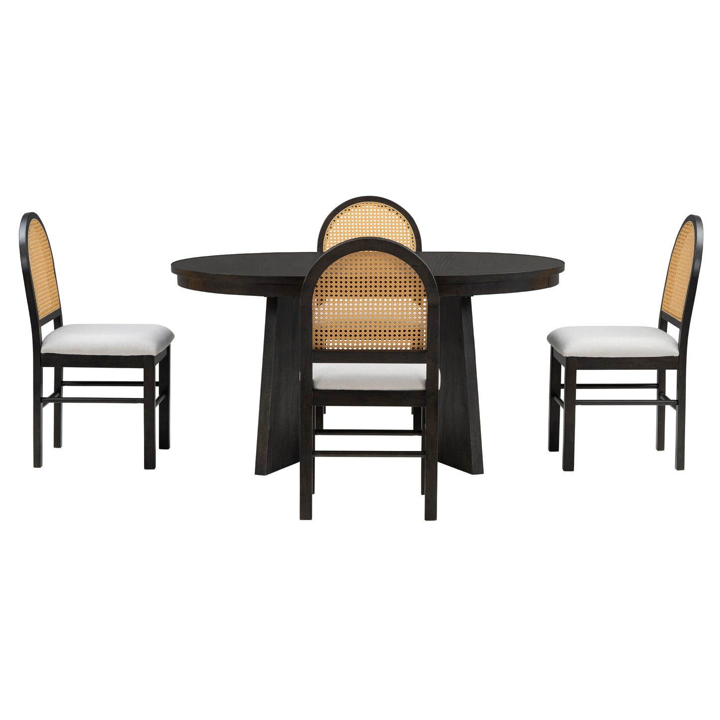 TREXM 5-Piece Retro Functional Dining Set with 1 Extendable Dining Table and 4 Upholstered Chairs with Rattan Backrests for Dining Room and Kitchen (Espresso)