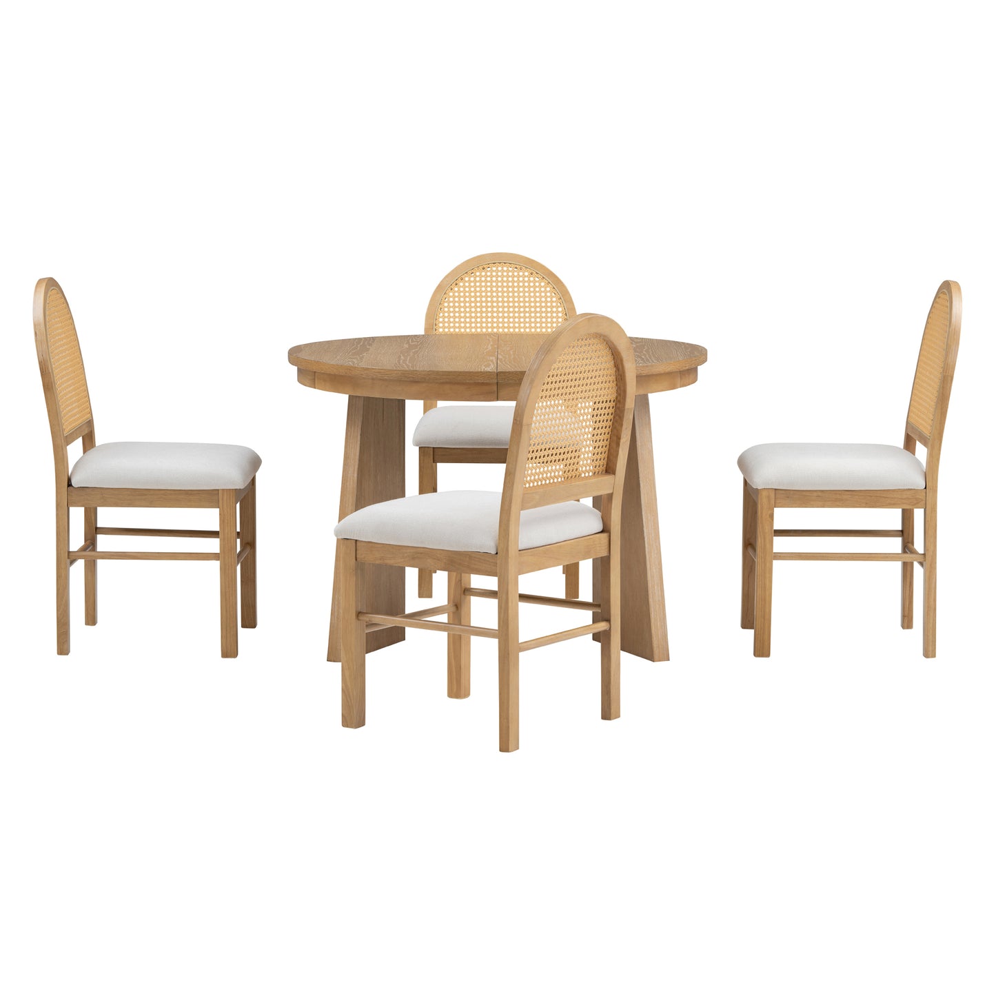 TREXM 5-Piece Retro Functional Dining Set with 1 Extendable Dining Table and 4 Upholstered Chairs with Rattan Backrests for Dining Room and Kitchen (Natural Wood Wash)