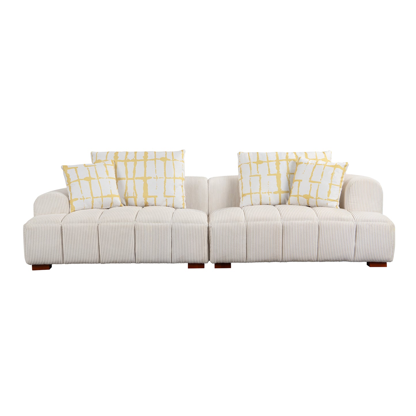 103.9" Modern Couch Corduroy Fabric Comfy Sofa with Rubber Wood Legs, 4 Pillows for Living Room, Bedroom, Office, Beige