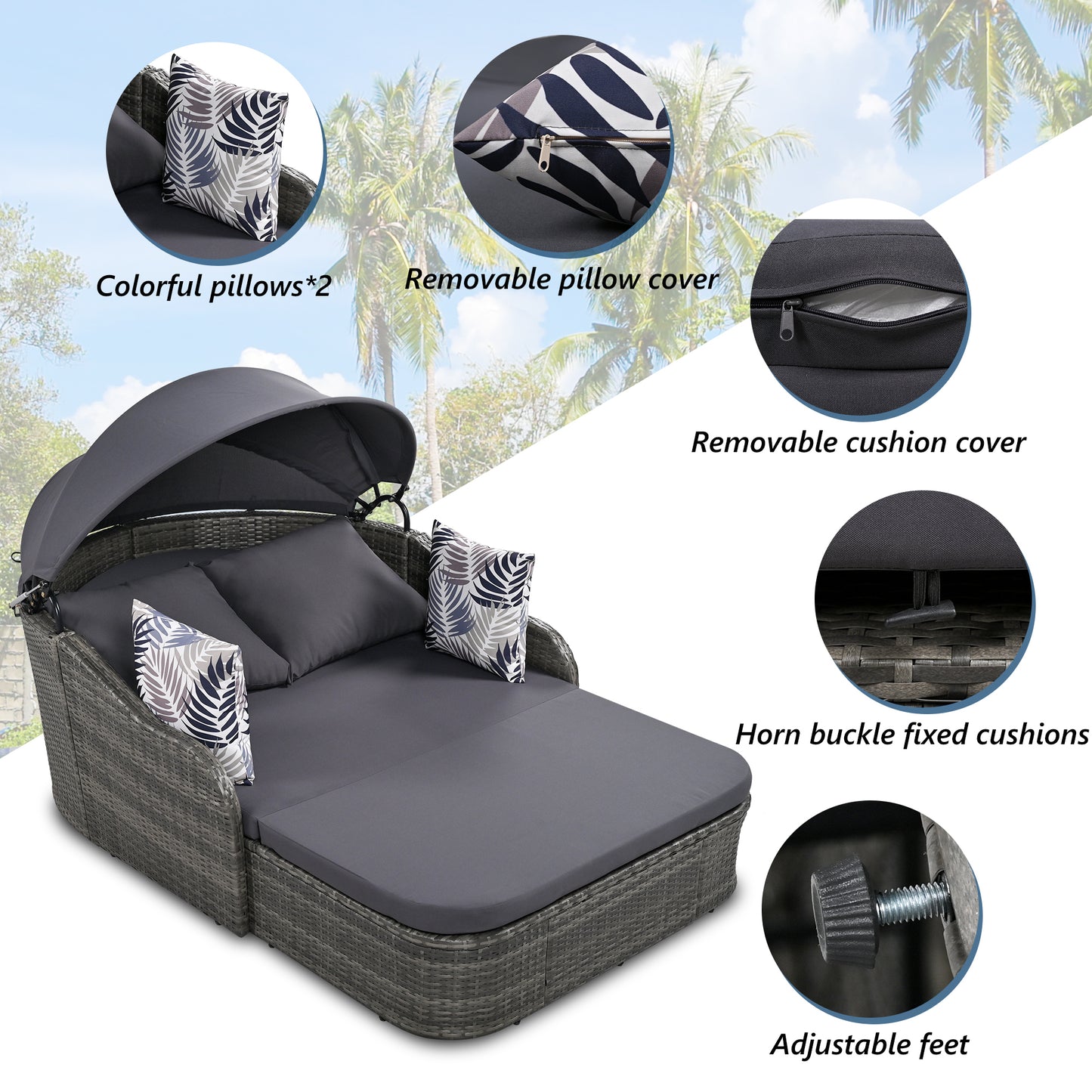 79.9” Outdoor Sunbed with Adjustable Canopy: Double Lounge PE Rattan Daybed in Gray Wicker with Comfortable Cushions for Ultimate Relaxation