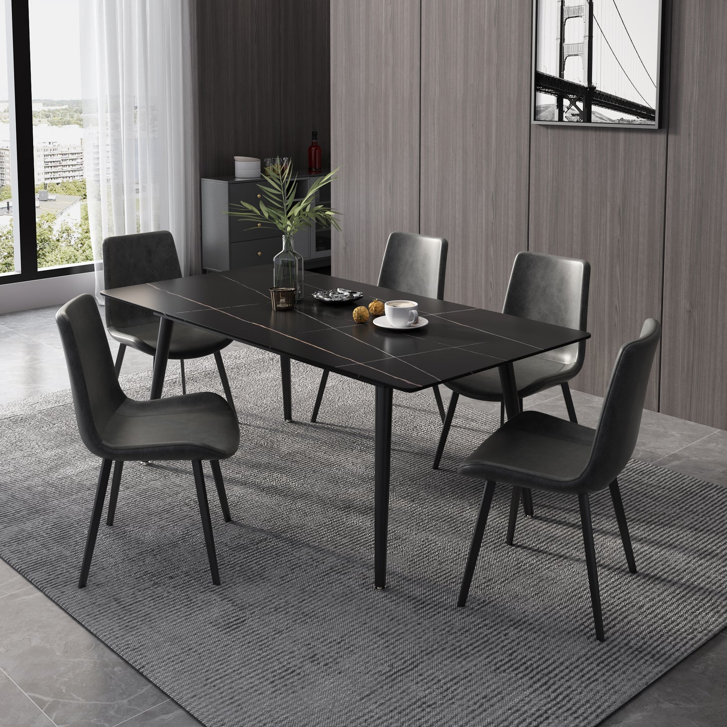 Modern Sintered Rectangle Dining Table Set with Black Stone Top 6 Persons 4 Legs