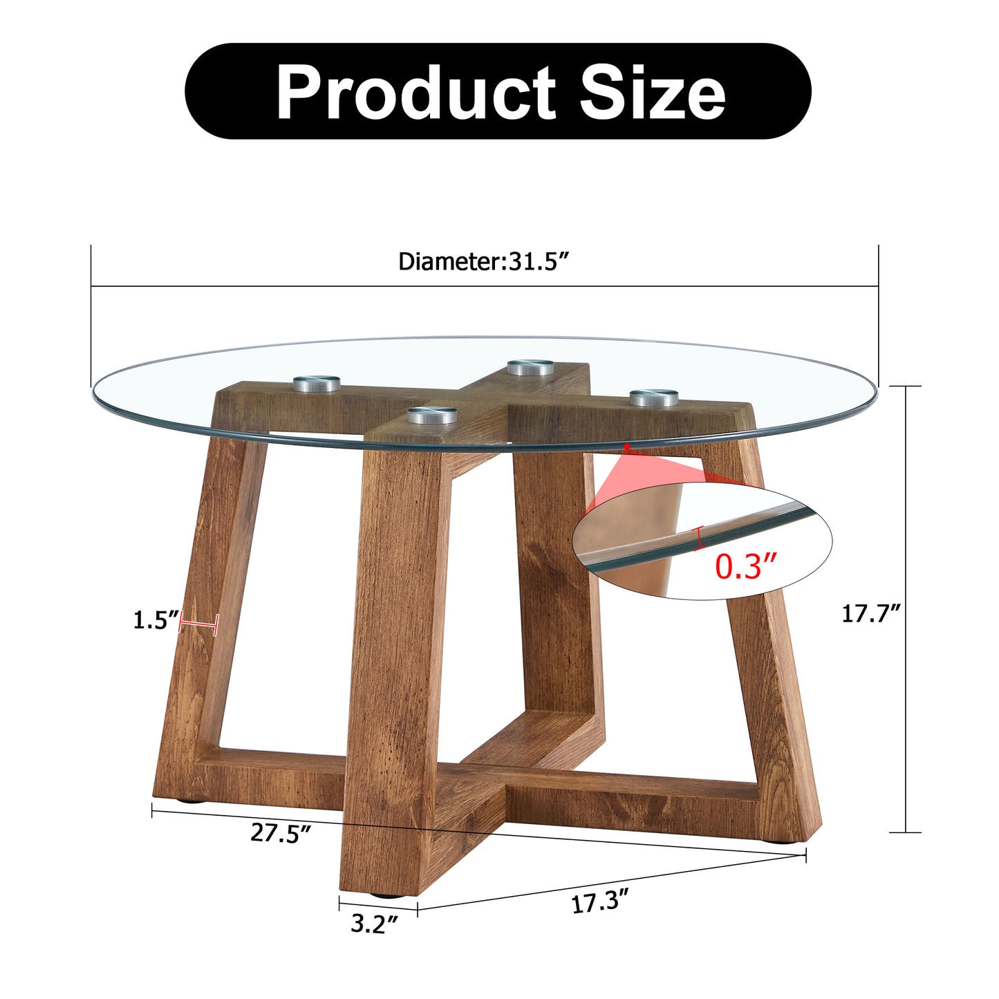 Modern practical circular coffee and tea tables. Made of transparent tempered glass tabletop and wood colored MDF material. Suitable for living rooms and bedrooms.31.5"*31.5"*17.7"