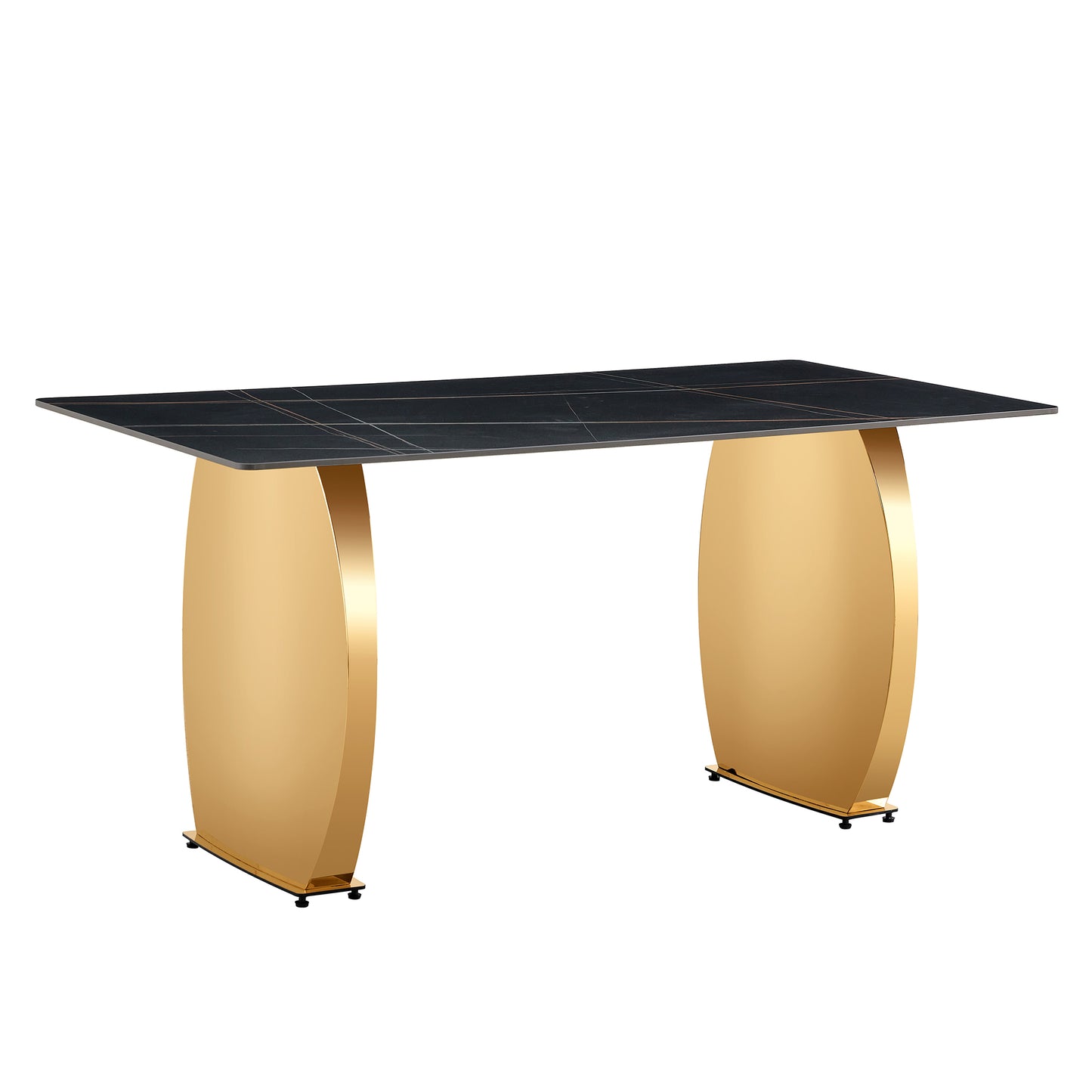 Stylish 63" Rectangular Table with Black Patterned Top and Gold Legs - Perfect for Dining Room and Living Space