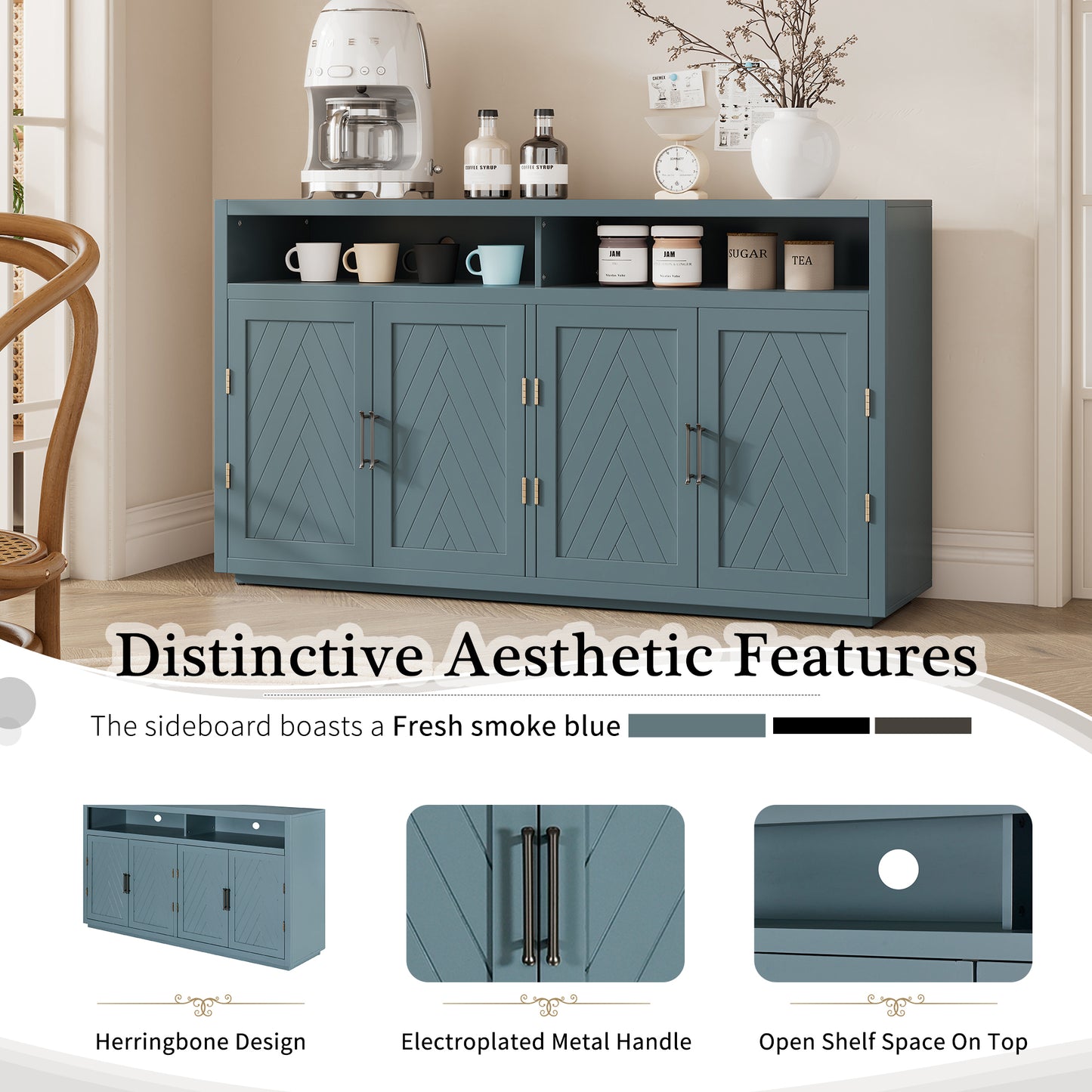 TREXM 4-door Classic Sideboard with Open Storage and Adjustable Shelves Perfect for kitchens,  living rooms (Smoke Blue)